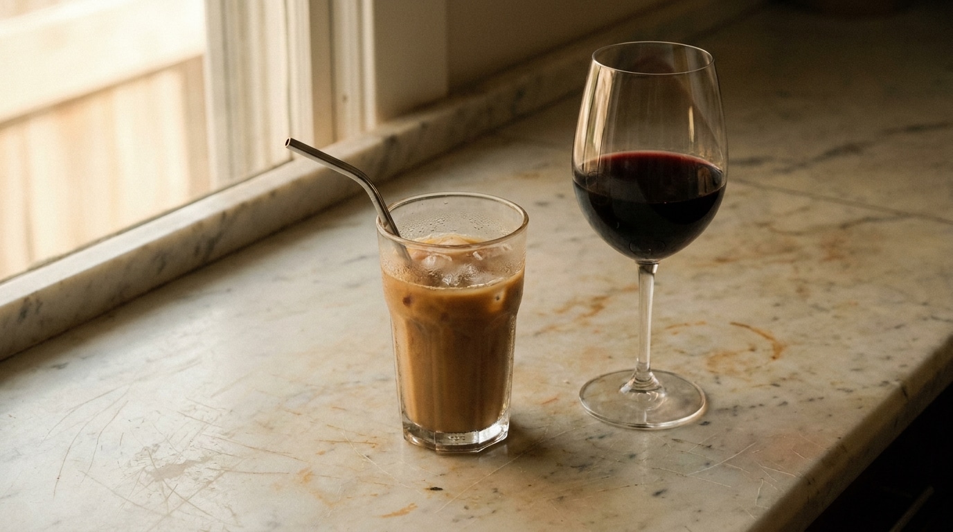 Iced coffee with metal straw and red wine glass on marble countertop