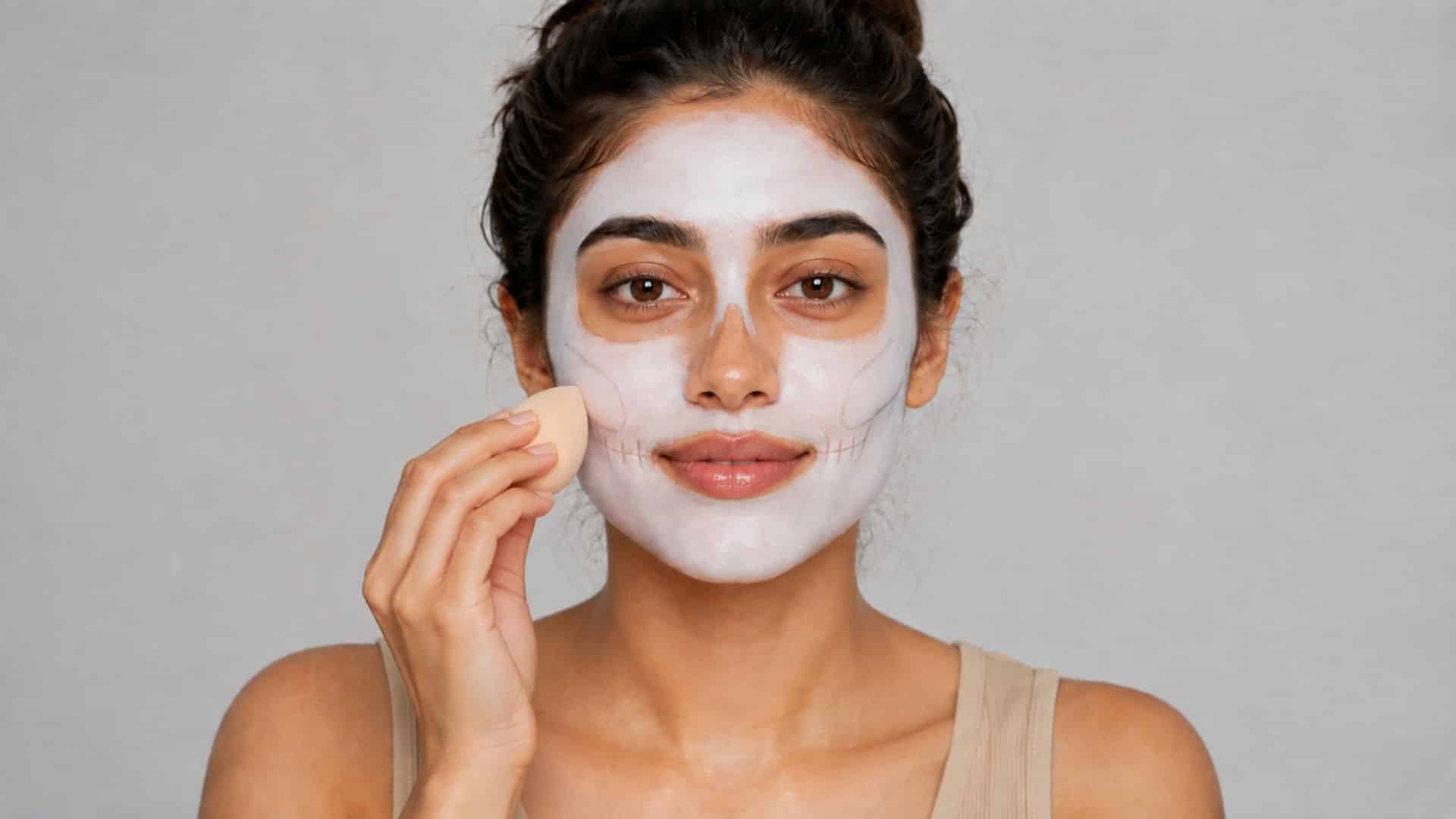 Woman applying white face paint as the base for skeleton makeup.
