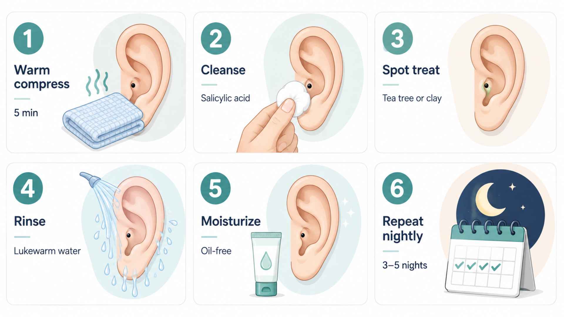 Step by step ear blackhead removal guide showing warm compress, cleansing, treatment, rinsing, moisturizing and repeat routine
