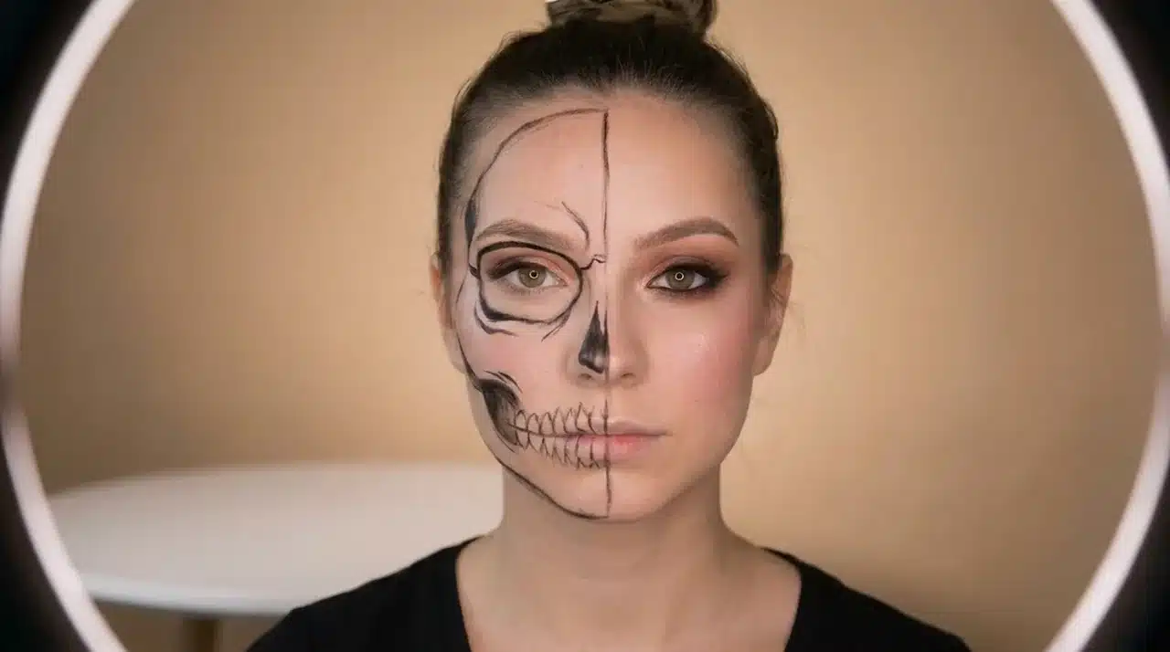 Woman wearing a half skull face paint design with dark skull shading detailed bone structure and polished glam makeup contrast
