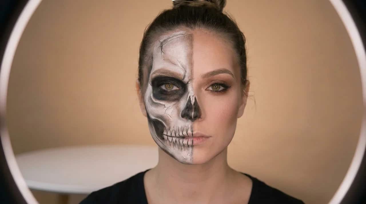 Detailed half skull makeup look featuring hollow eye effects cheekbone shadows and a glamorous finished makeup side