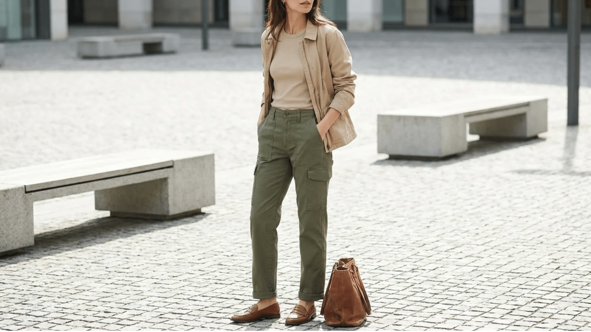Straight leg cargos with a fitted tee, loafers, and light jacket for a clean casual outfit with balanced proportions