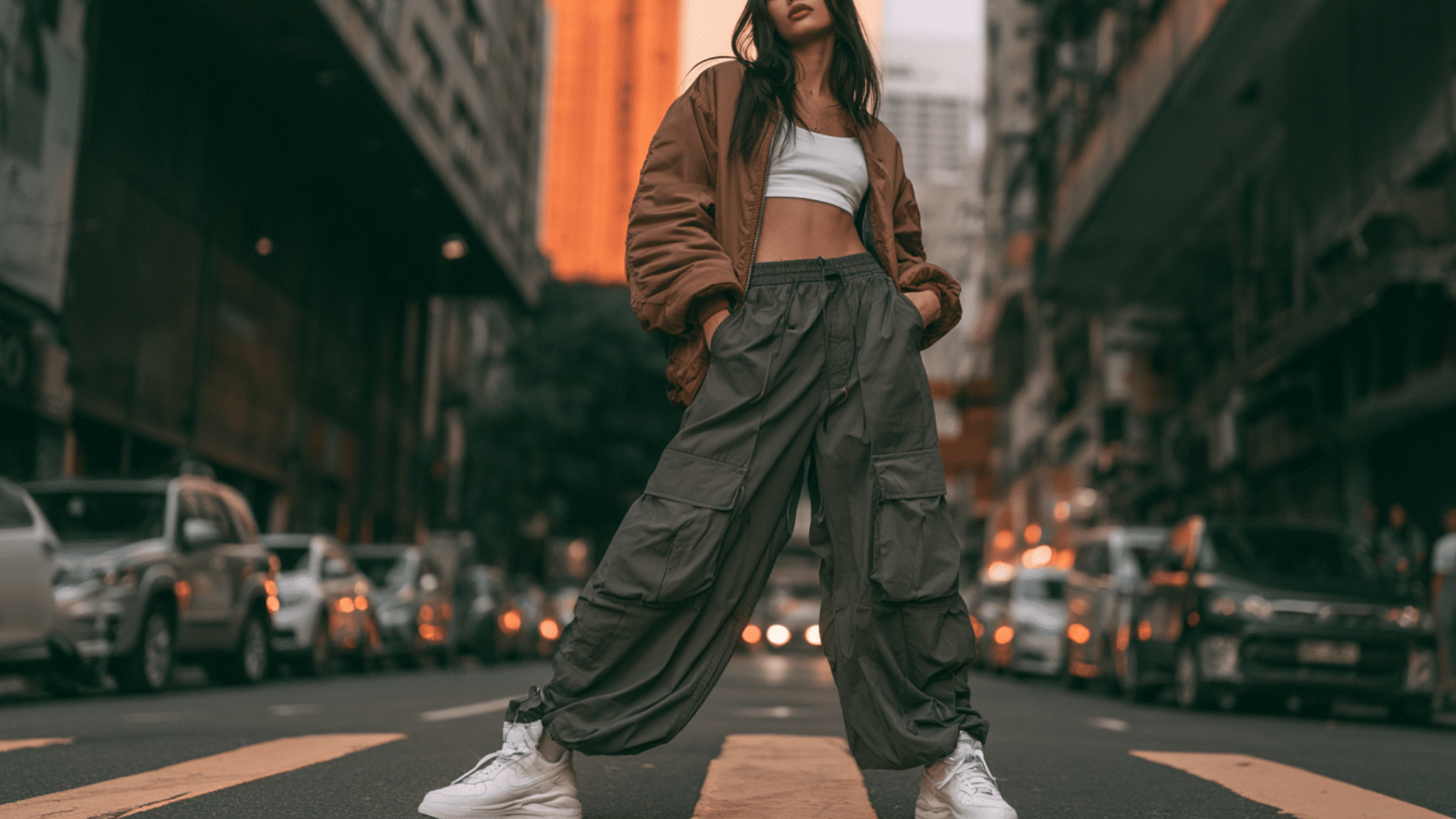 Woman wearing oversized parachute cargo pants with cropped tee and bomber jacket in a modern urban street setting
