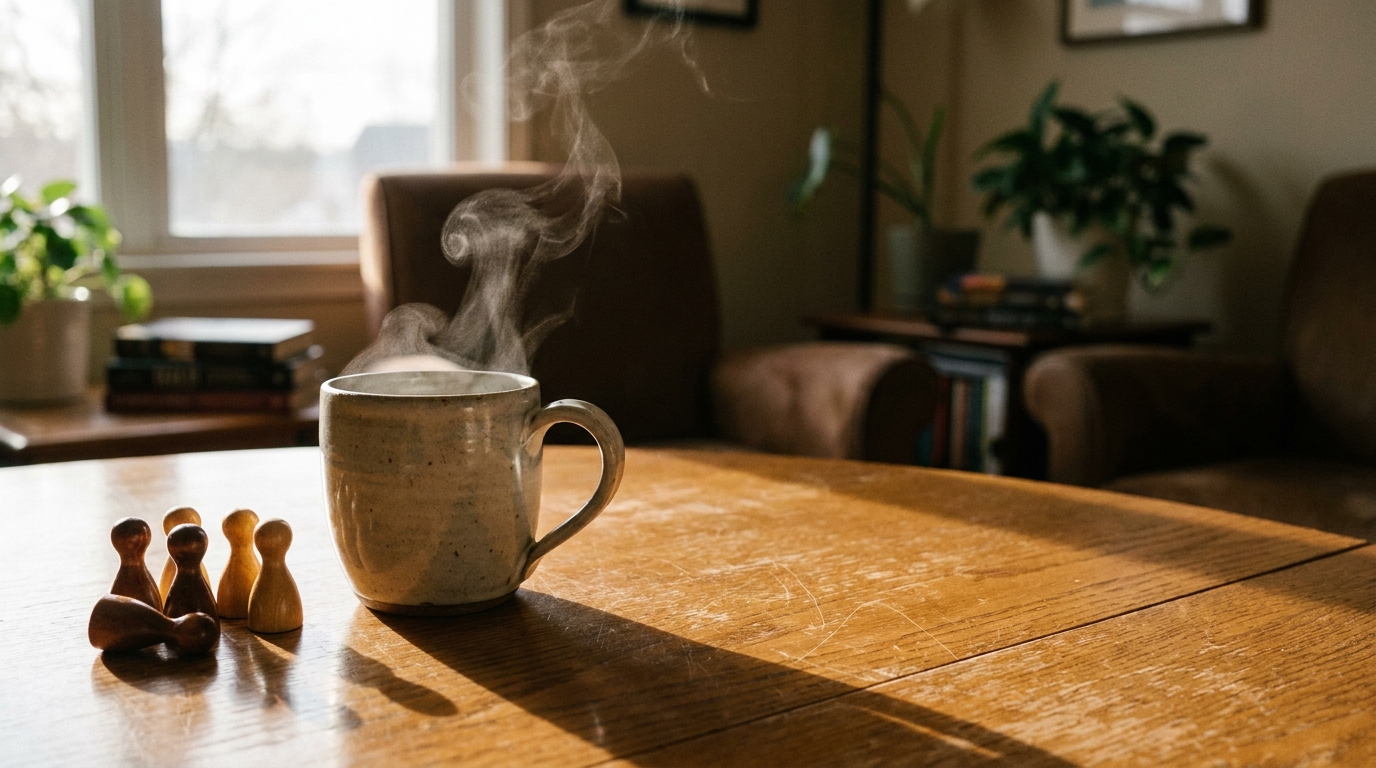 Steaming coffee mug on wooden table with sunlight in cozy living room
