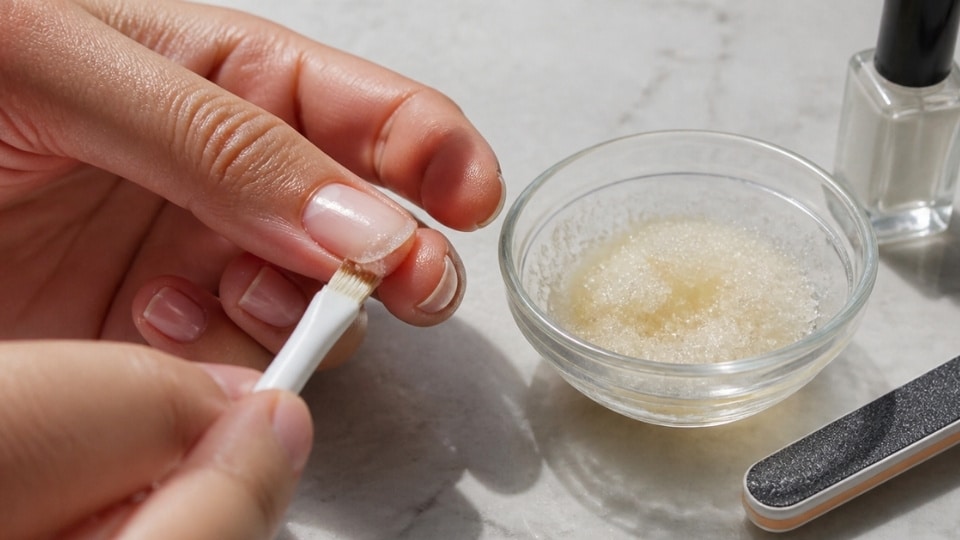Homemade sugar and clear nail polish paste used as a temporary solution for nail repair