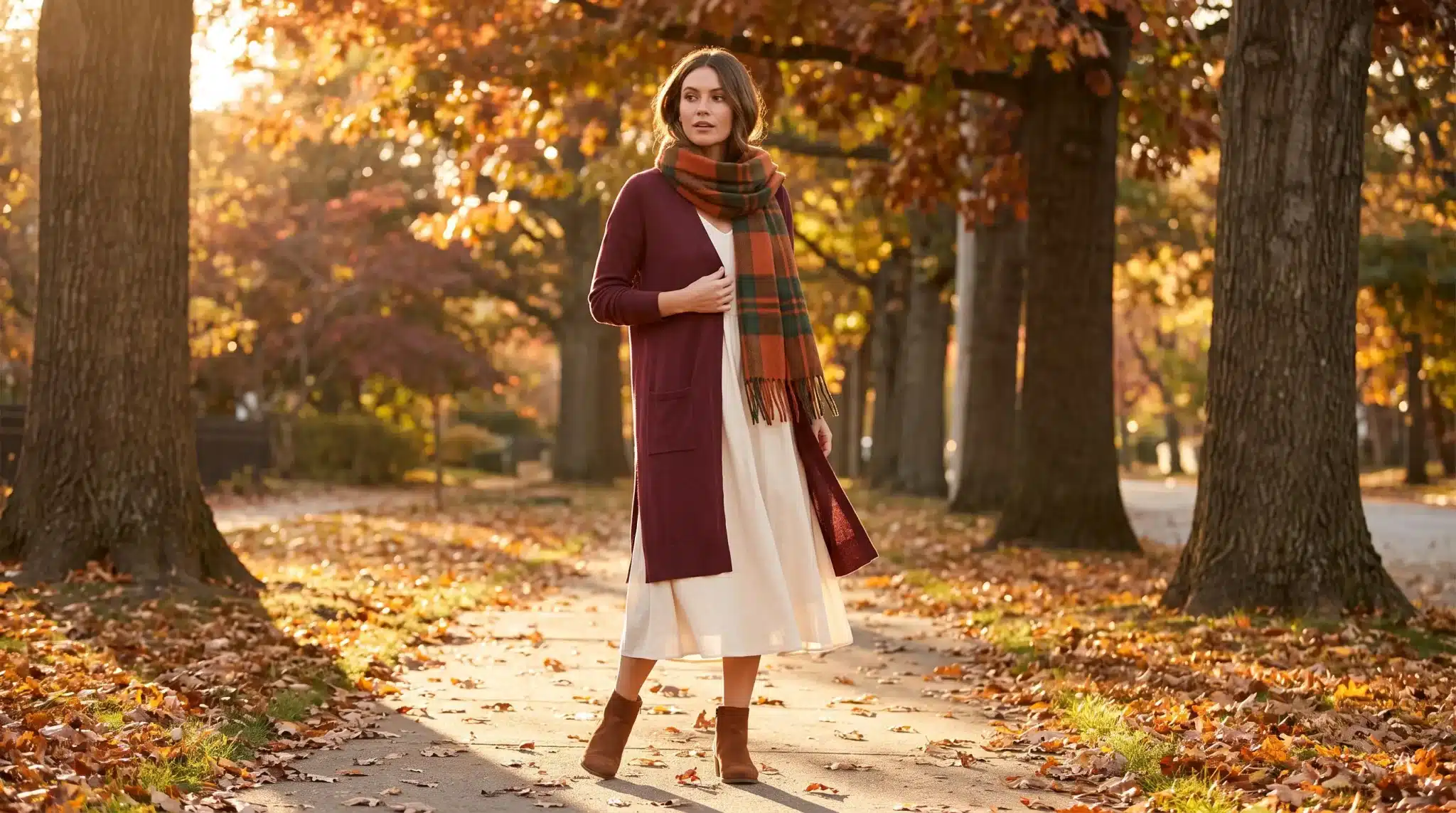 Woman in burgundy cardigan and scarf walking on leafy path in autumn park