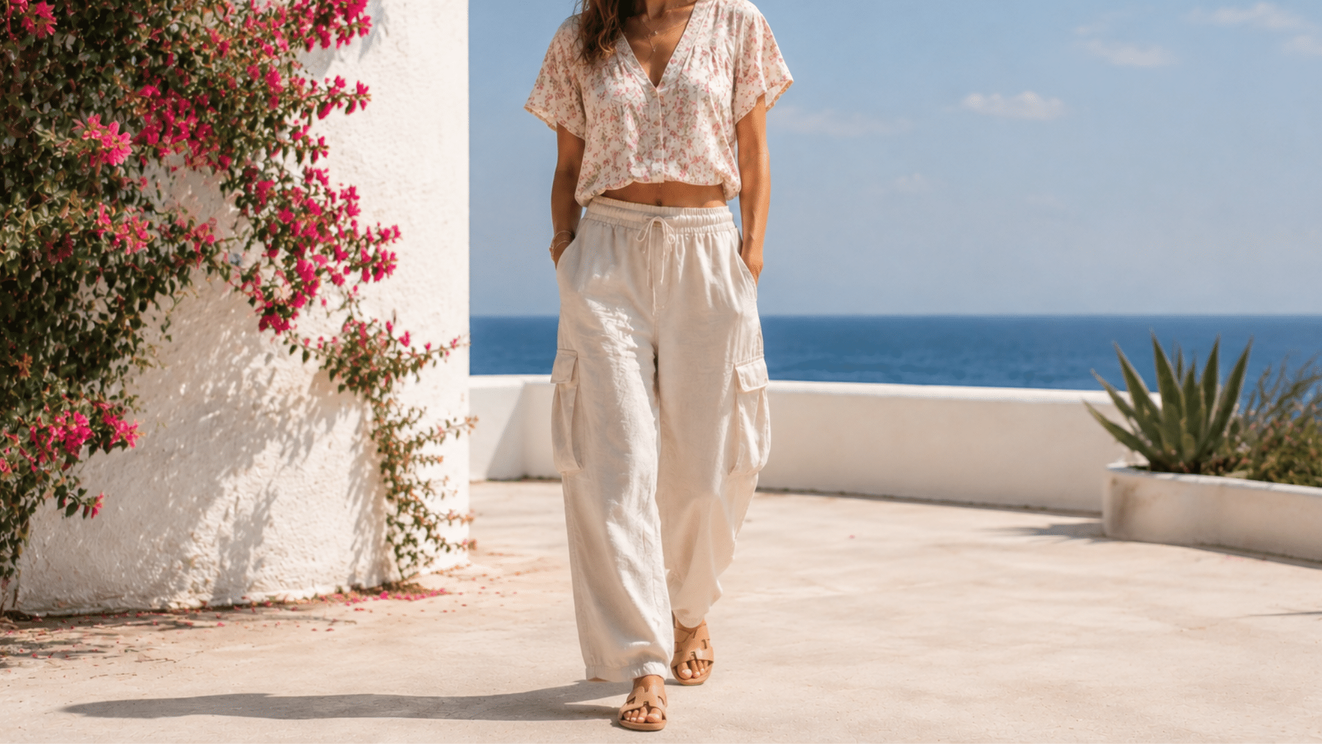 Woman wearing lightweight cargo pants with linen shirt and sandals in a bright outdoor summer fashion setting