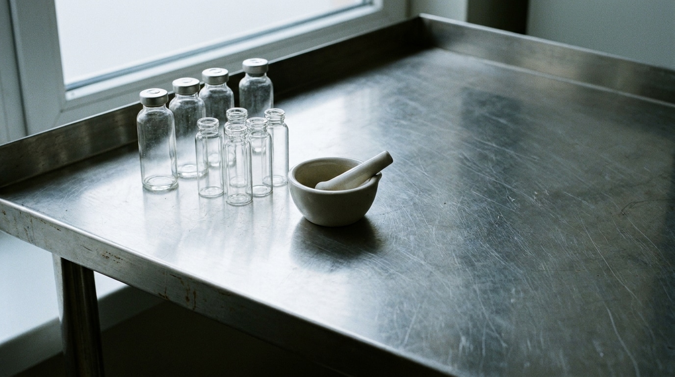 Empty glass vials and mortar with pestle on stainless steel table in laboratory setting