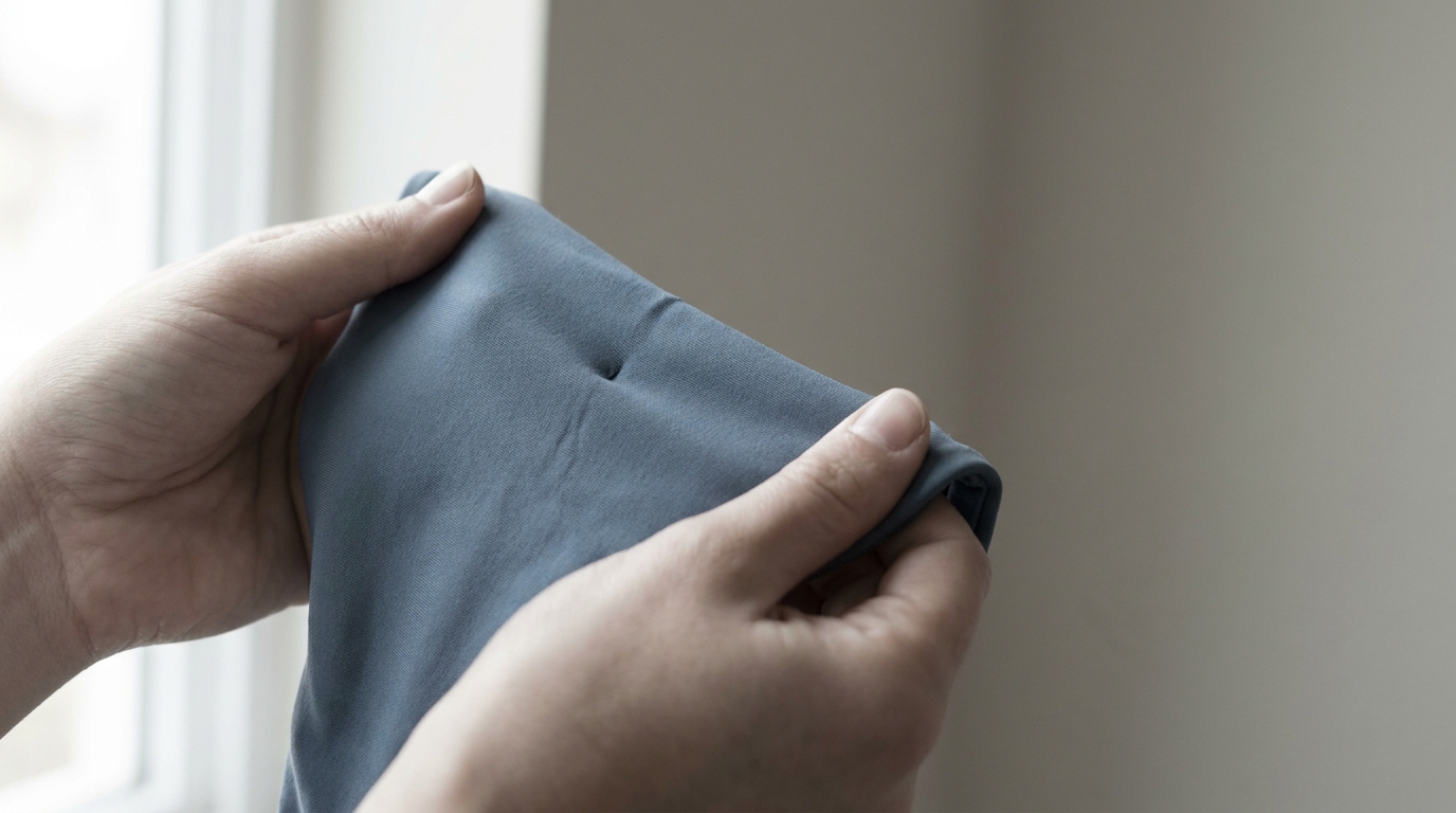 Hands holding and stretching a piece of blue fabric near a window