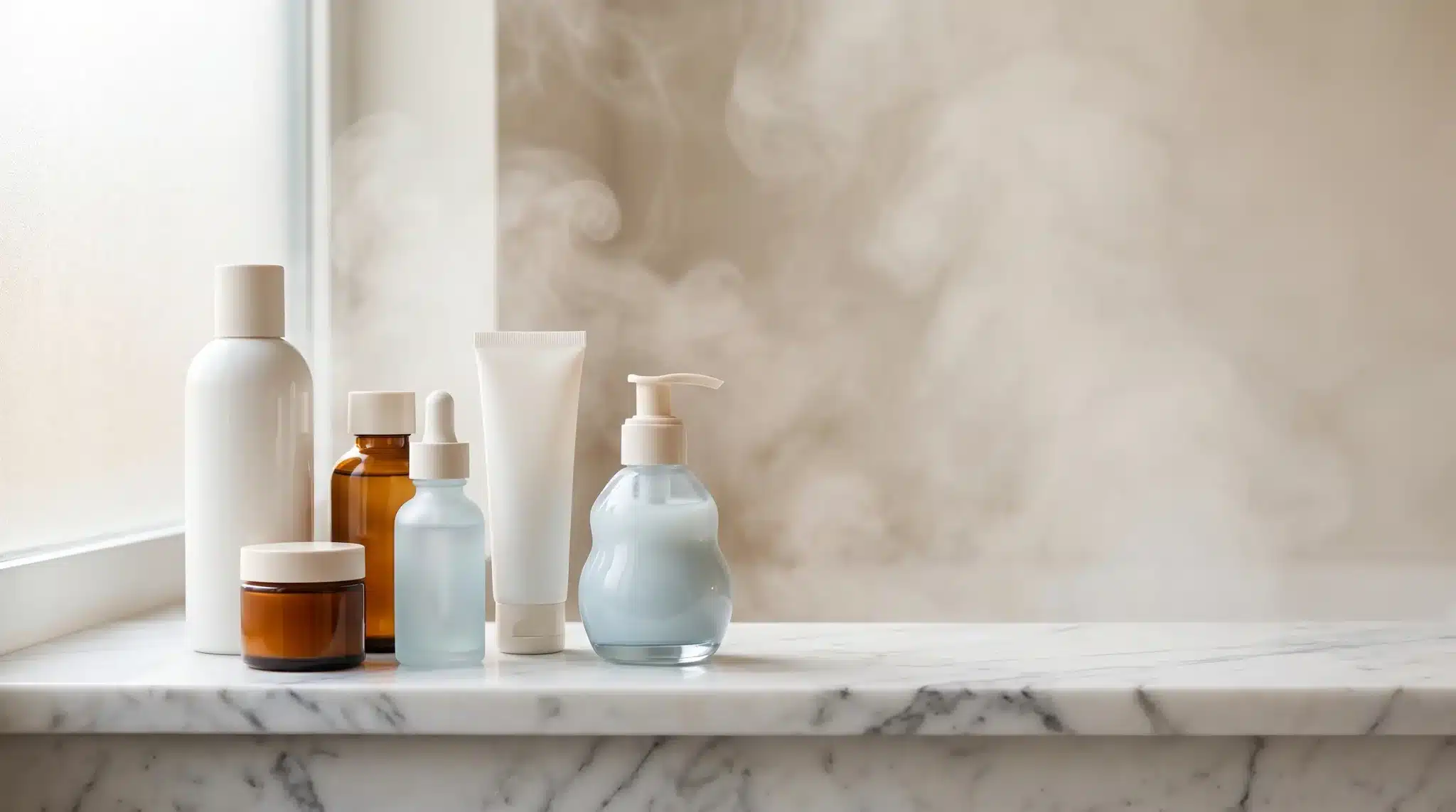 Various skincare and cosmetic bottles on marble counter in steamy bathroom setting