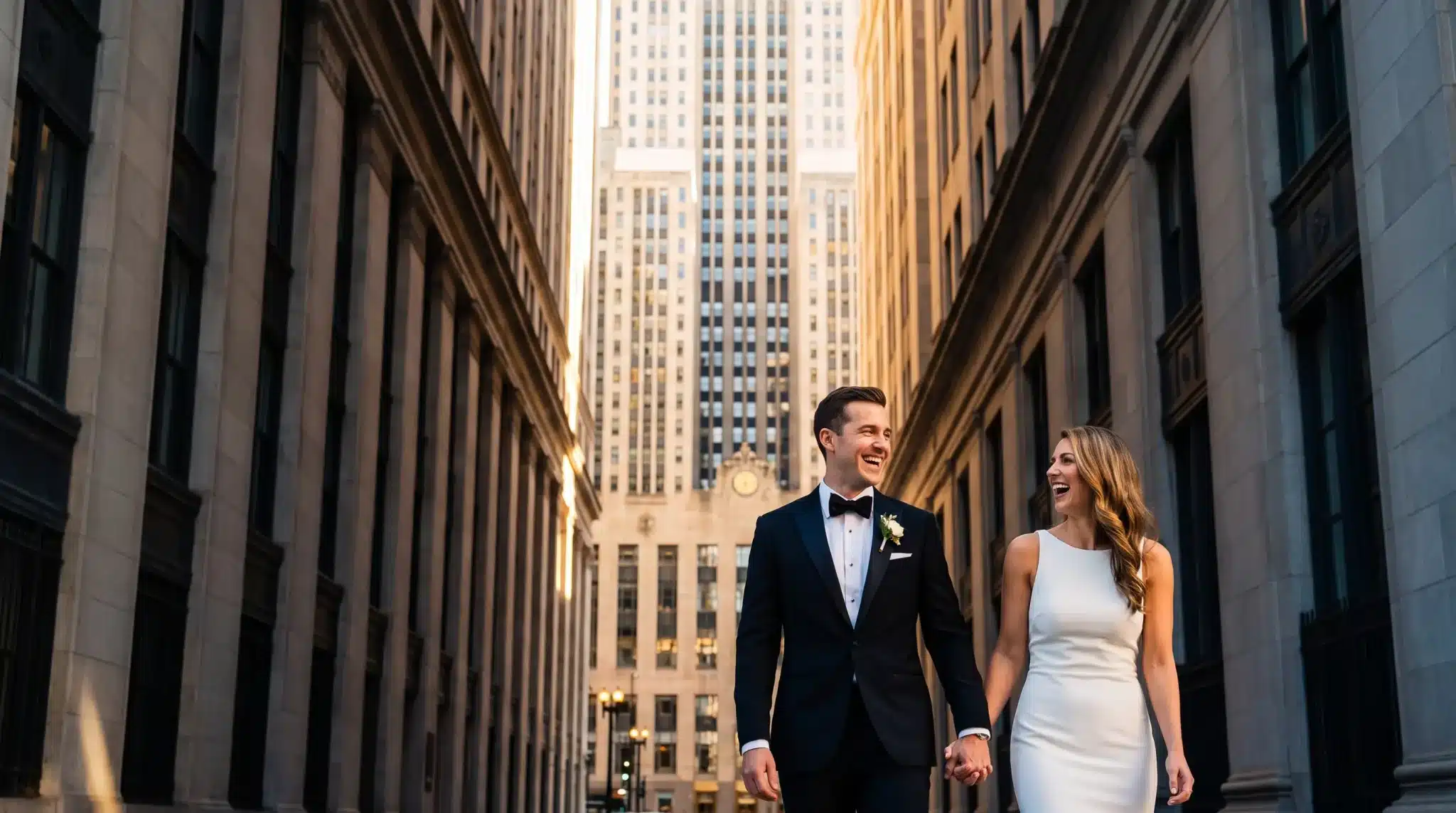 Bride and groom smiling while walking in urban setting with tall buildings
