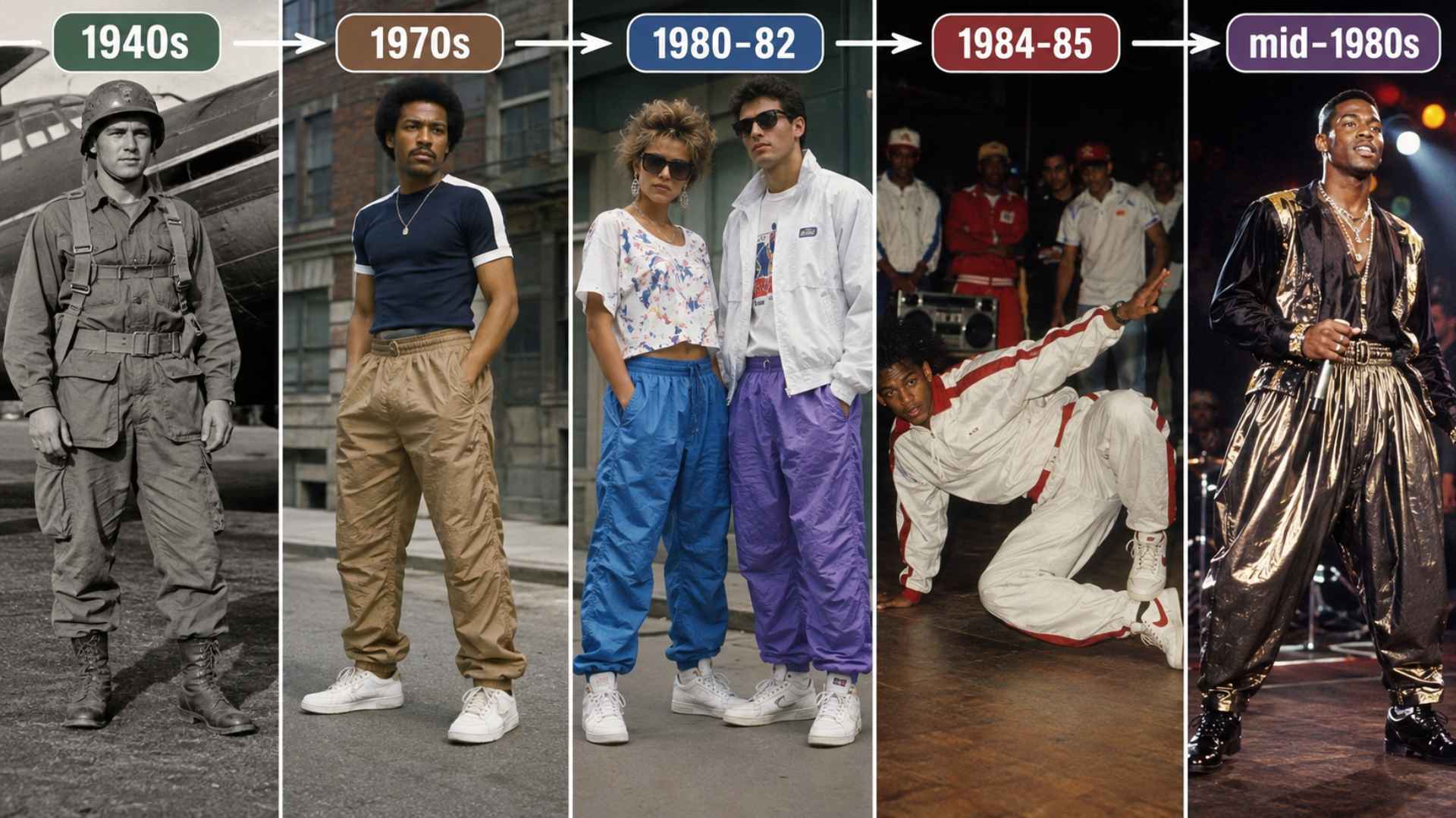 Timeline showing parachute pants evolving from 1940s military gear to colorful 1980s breakdance and stage fashion.