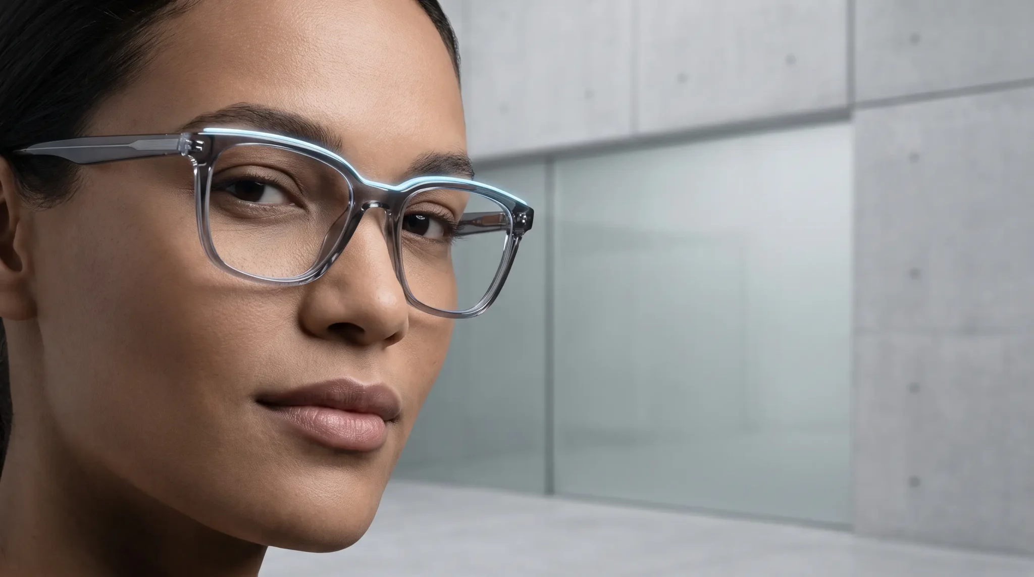 Woman wearing stylish transparent glasses in a modern minimalist setting