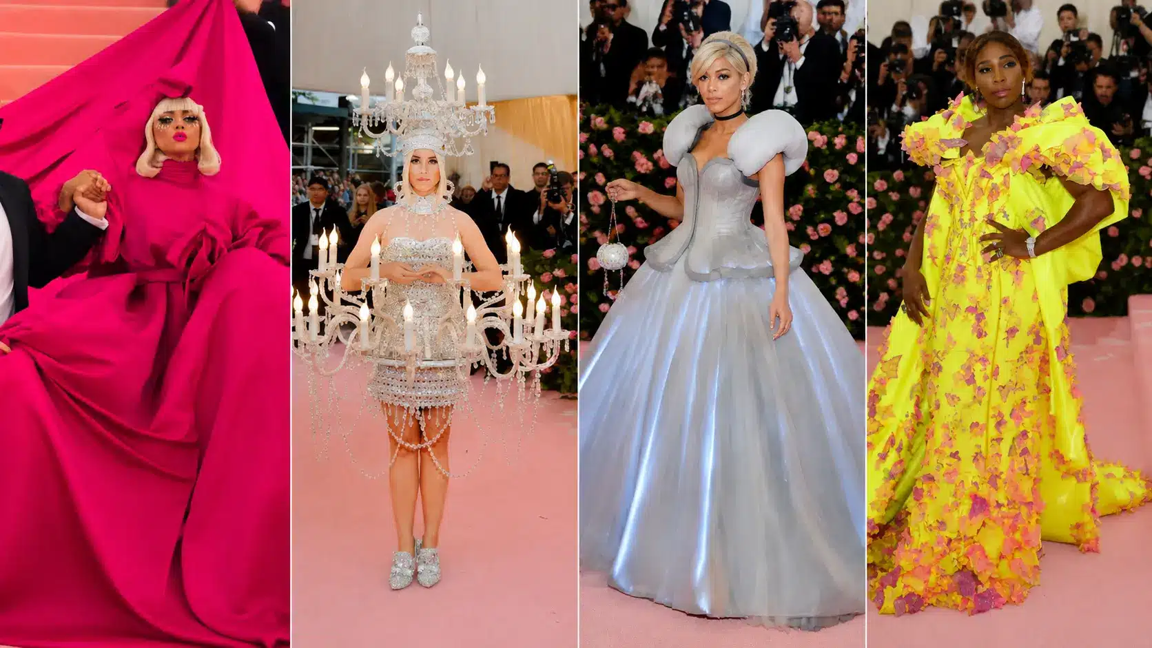 Camp fashion collage featuring dramatic pink, chandelier inspired, Cinderella style and neon yellow couture looks from Met Gala events