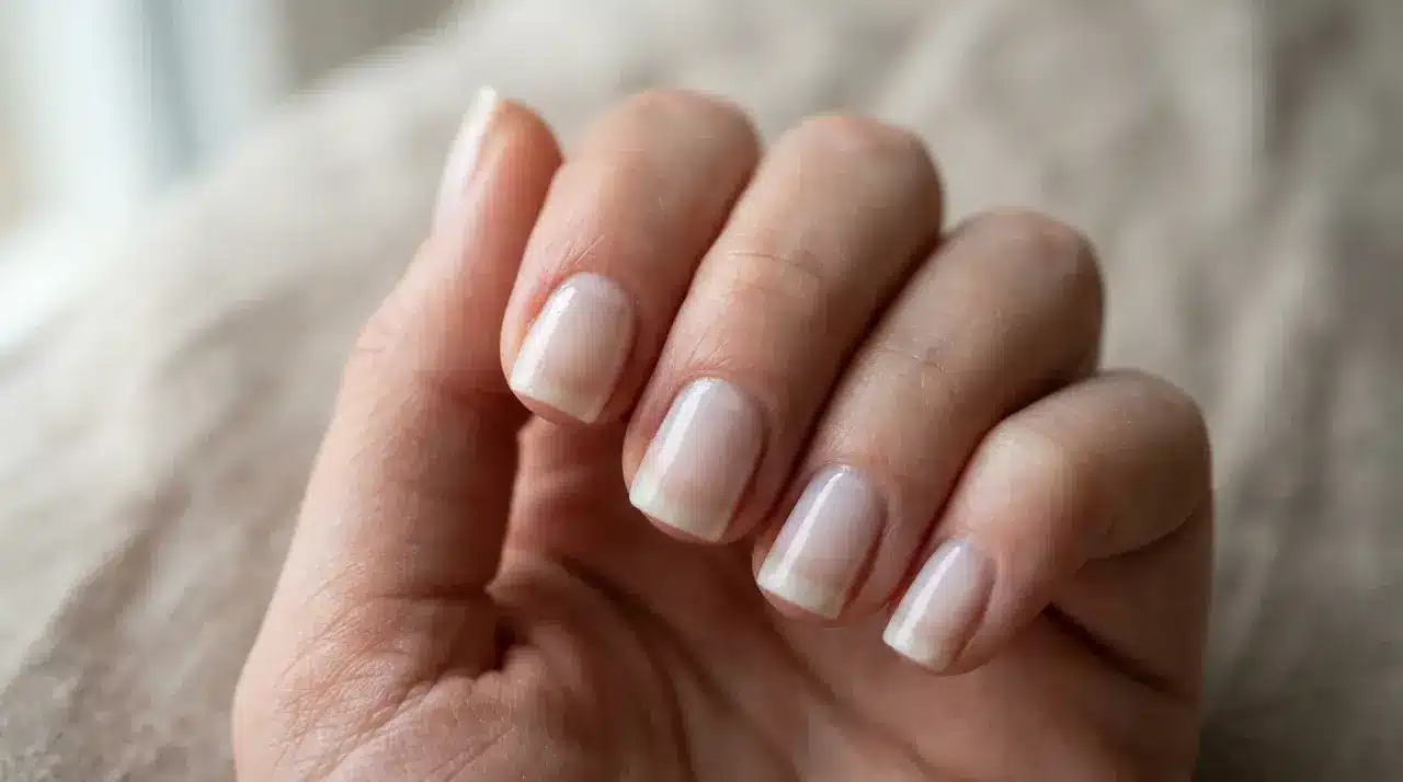 Close-up of short square milky white nails with a sheer glossy finish on a softly curled hand in natural light