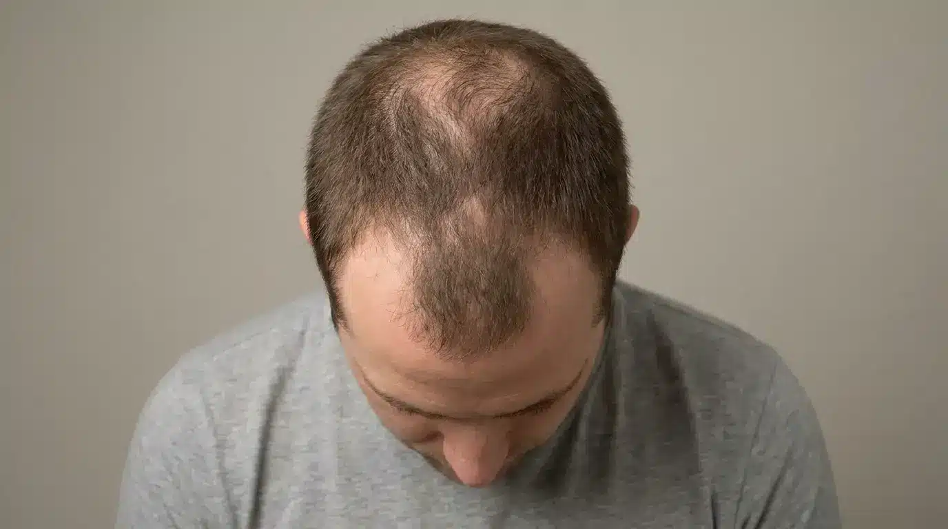 Back of a head showing receded temples and a thinning crown connected by only a thin, sparse bridge of hair
