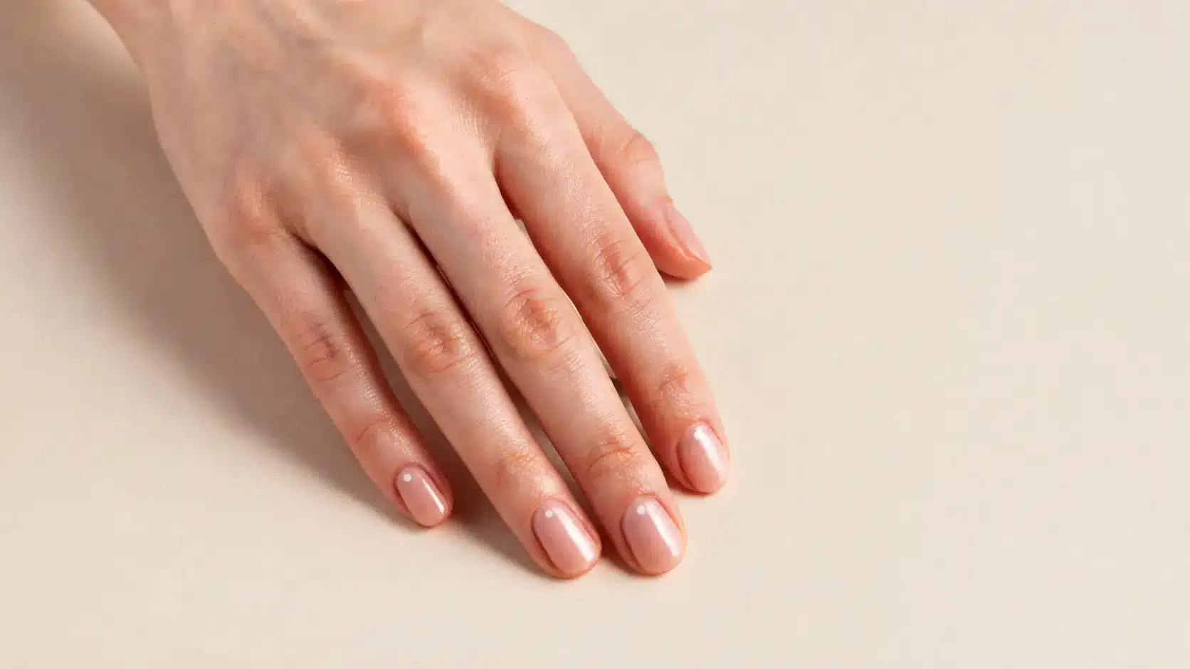 Hand with tiny white dot nail art featuring minimal dot details on glossy sheer pink manicure finish