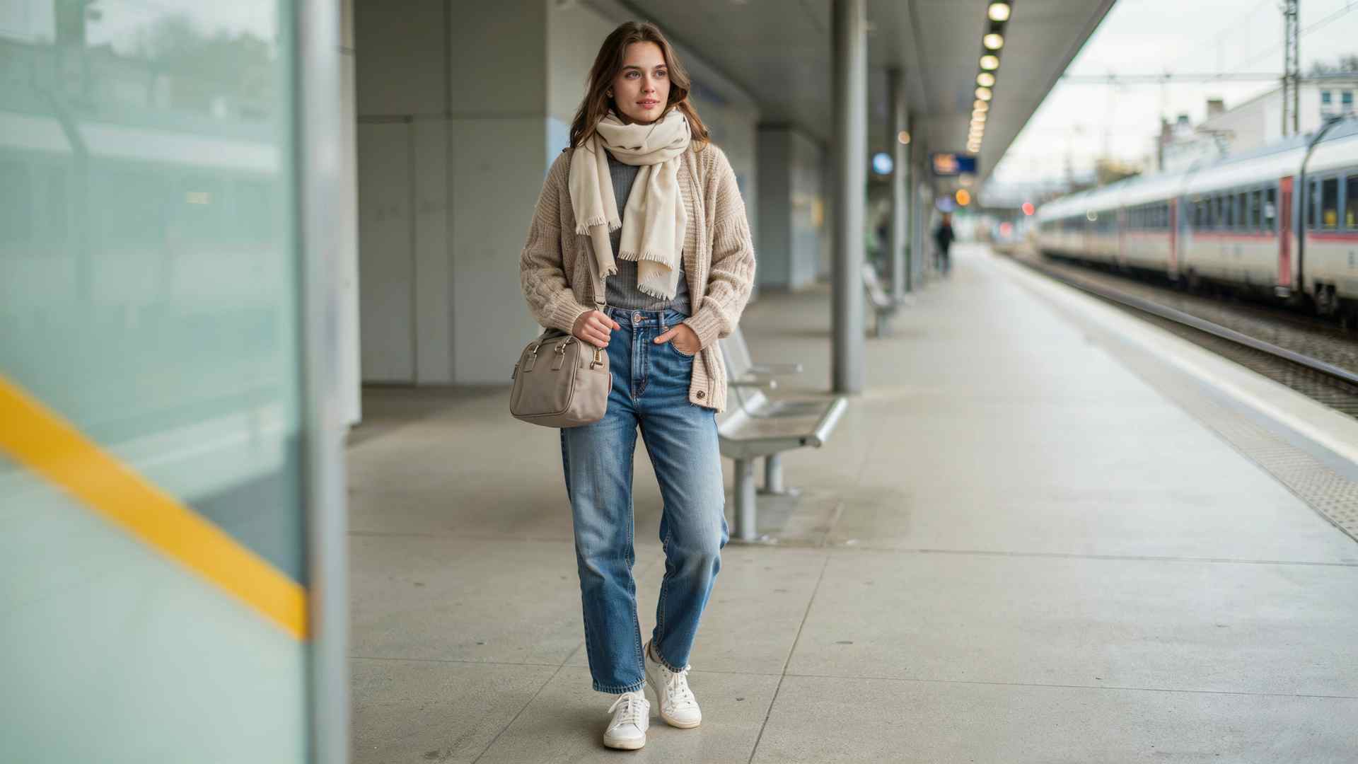 Young woman in wide leg jeans with a cardigan, sneakers, and scarf for travel
