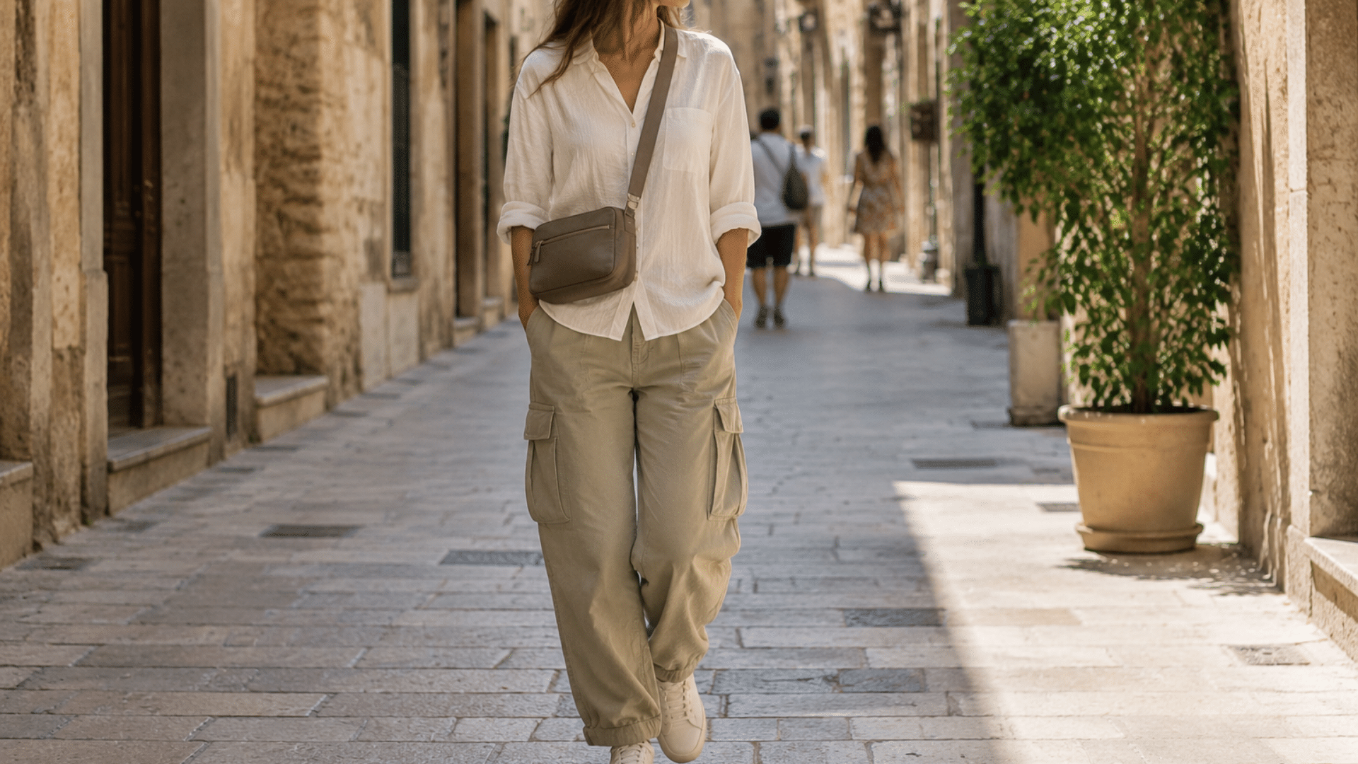 Woman wearing relaxed cargo pants with casual top and sneakers while walking through a modern airport setting