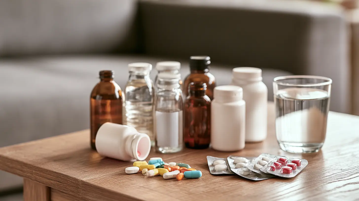 Array of hair loss treatment medications including pill bottles, blister packs, and loose supplements on a table with water