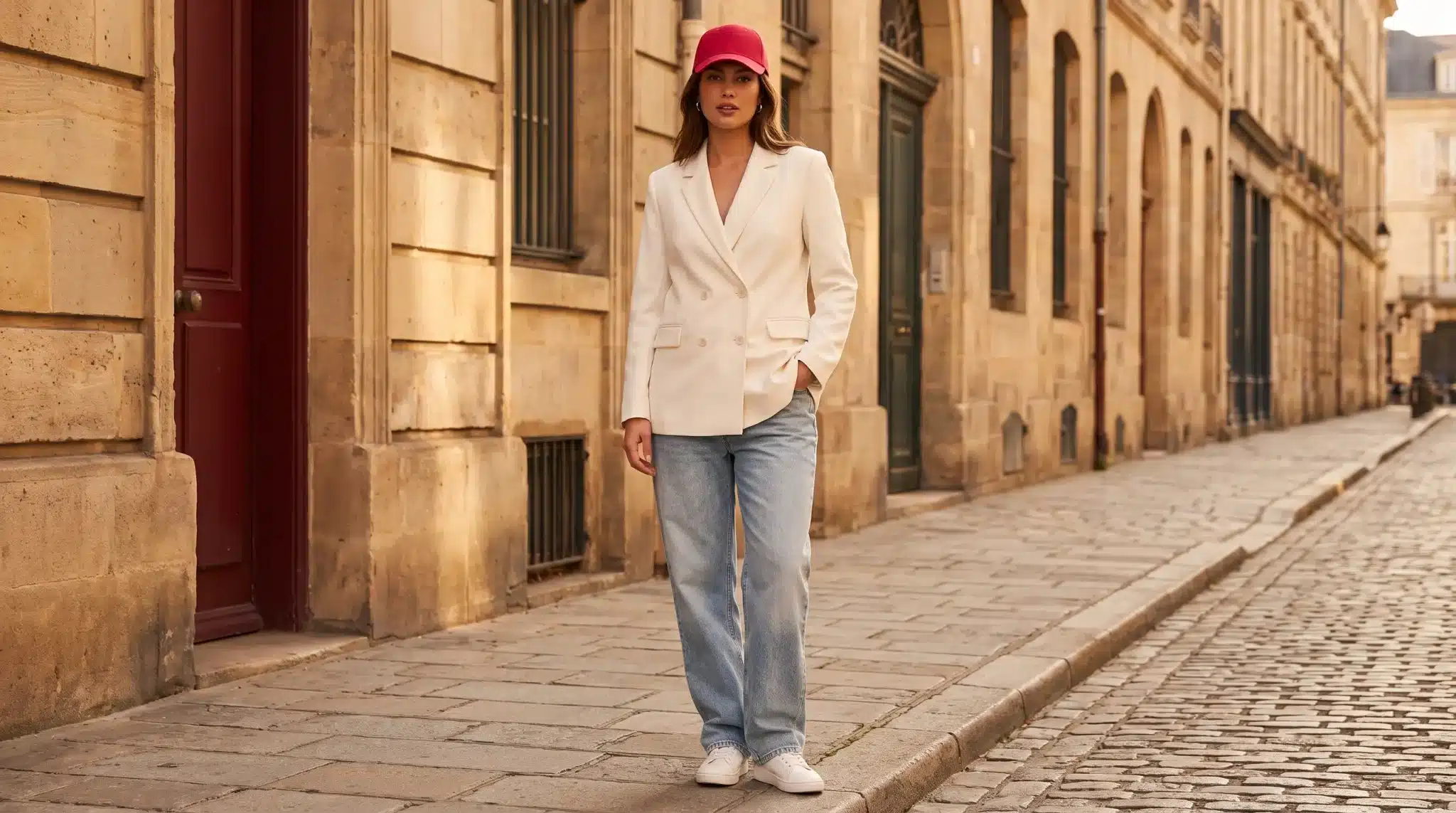 Woman wearing white blazer and red cap standing on cobblestone street in urban setting