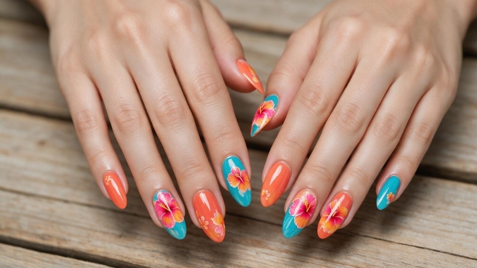 Tropical hibiscus nails with bright floral artwork in pink orange and green shades on glossy almond nails