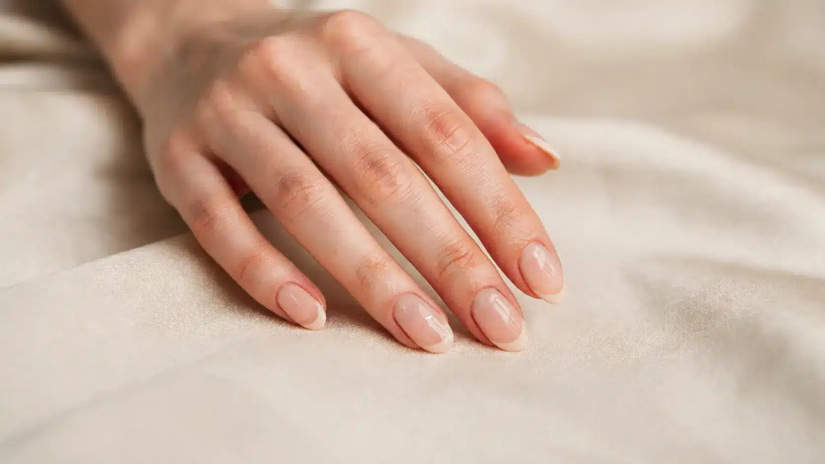 Hand with vanilla cream French nails featuring soft nude bases and delicate white tips with glossy finish