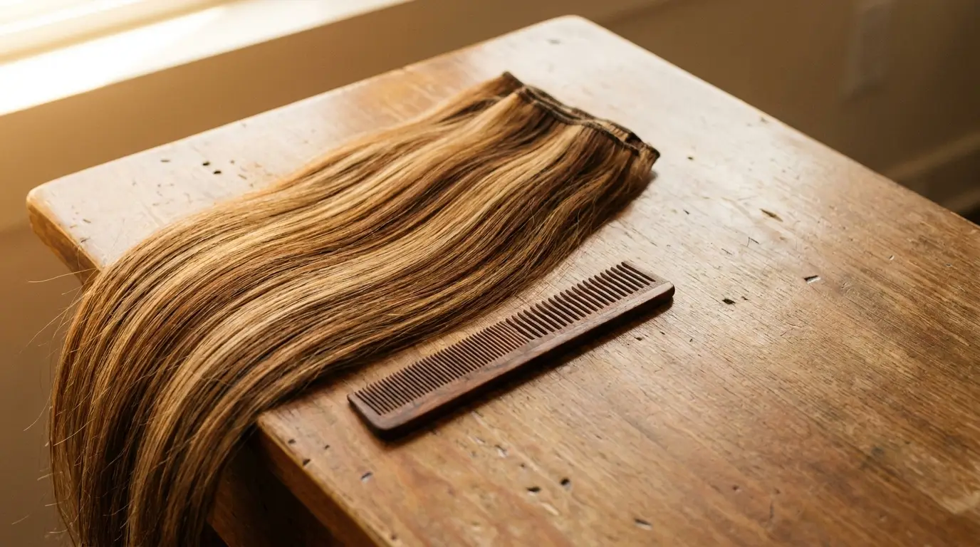Brown hair extension with wooden comb on rustic wooden table in warm natural light