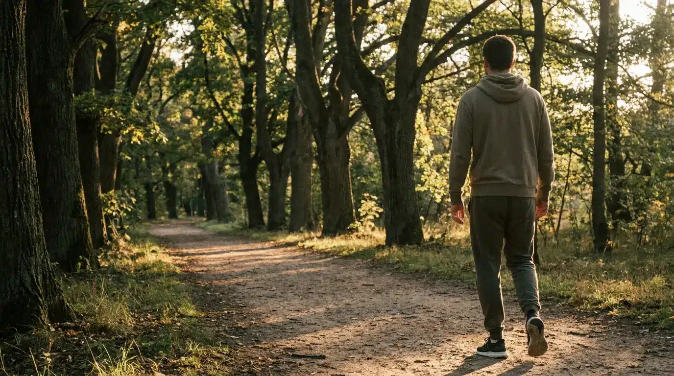 Man walking on a dirt path through a sunlit forest in casual clothing