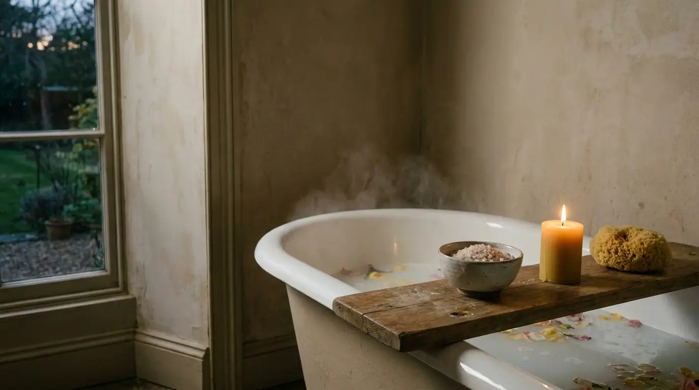 Bathtub with wooden caddy holding candle, bath salts, and sponge in dimly lit bathroom