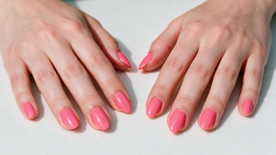 hands showing watermelon pink nails with a juicy bright glossy finish for summer