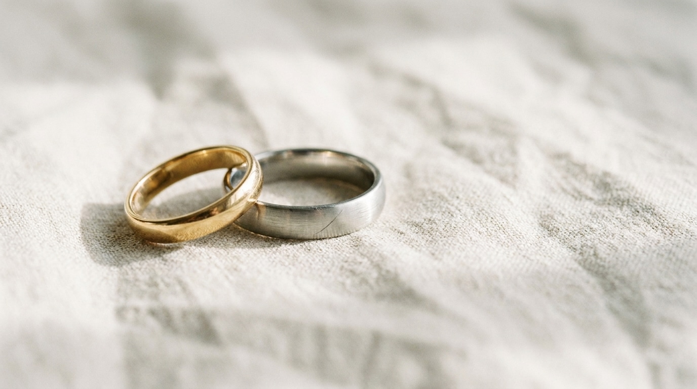 Gold and silver wedding rings on textured white fabric surface