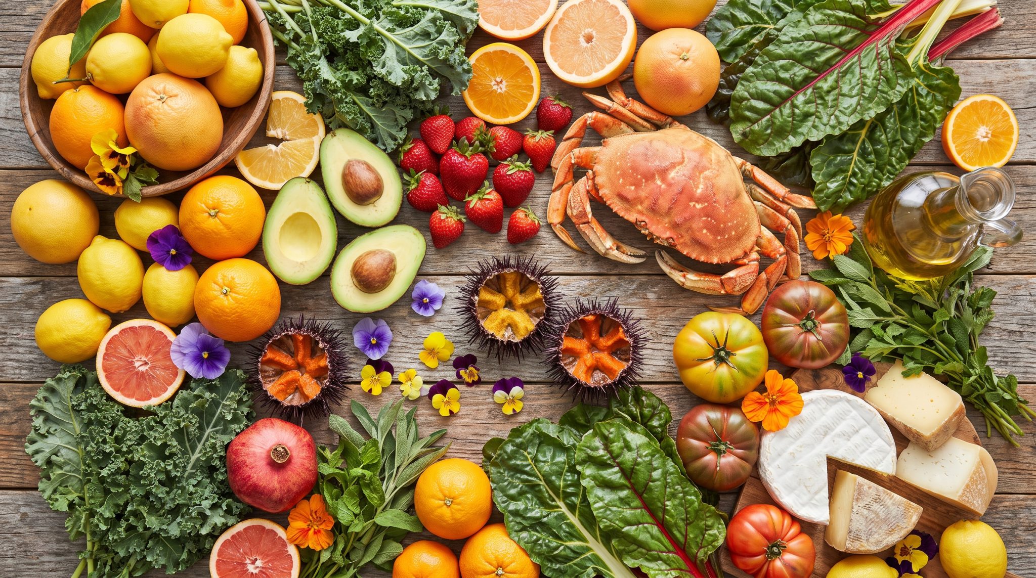 Assorted fresh fruits, vegetables, cheese, and a crab arranged on a rustic wooden table