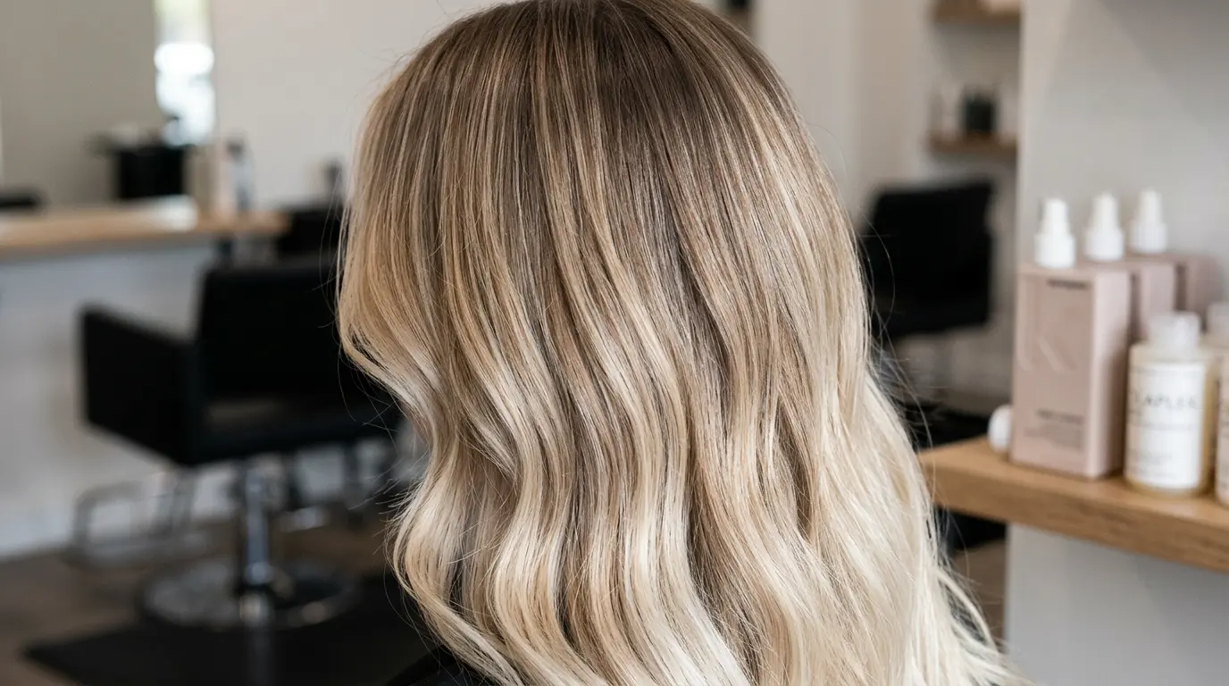 Blonde balayage hair showing a seamless root melt transition with darker roots blending into soft lighter lengths in a salon setting with natural texture and shine