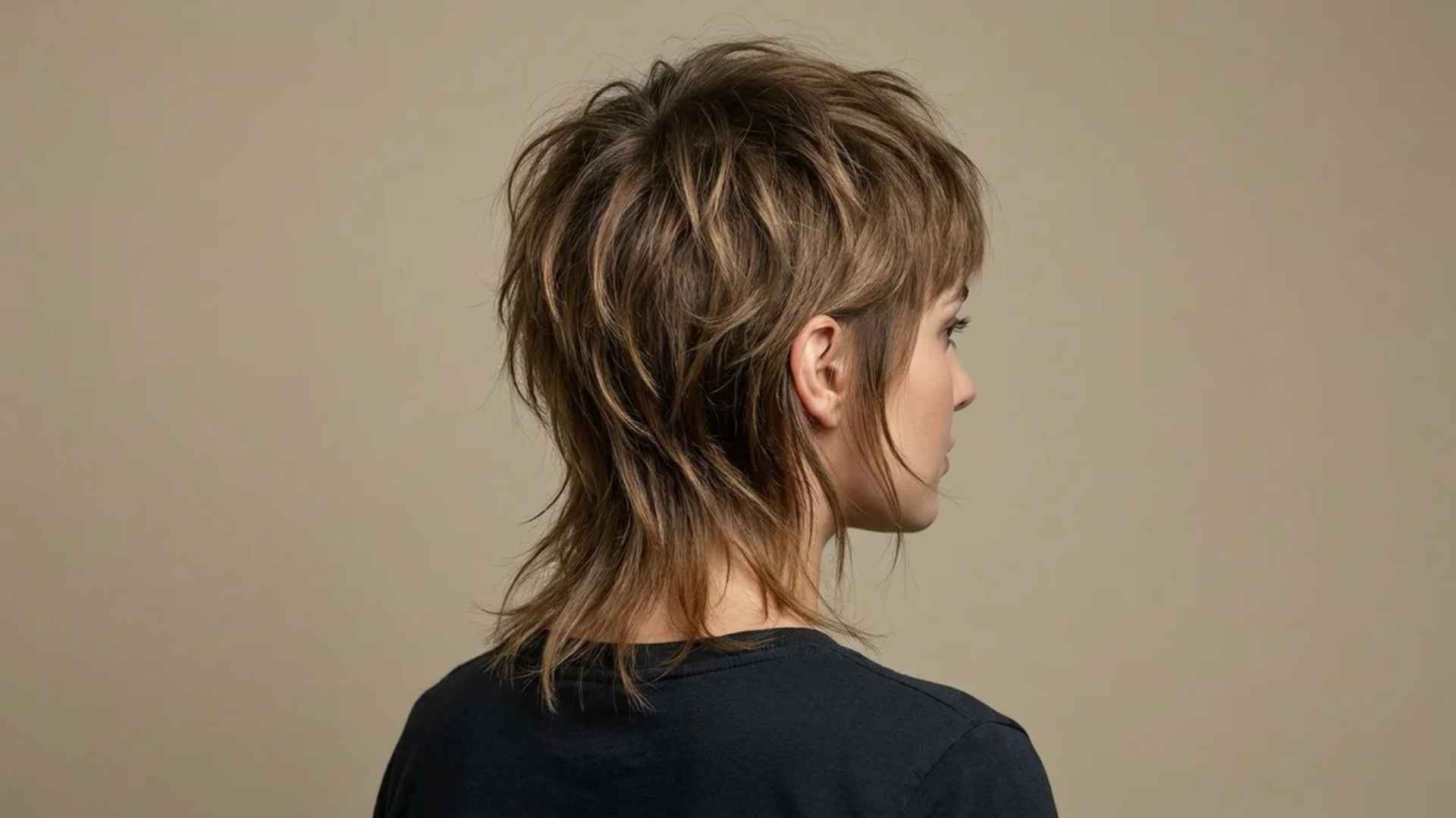 Woman showing a wolf haircut with choppy crown layers, textured ends, and a messy mullet inspired hairstyle in studio lighting