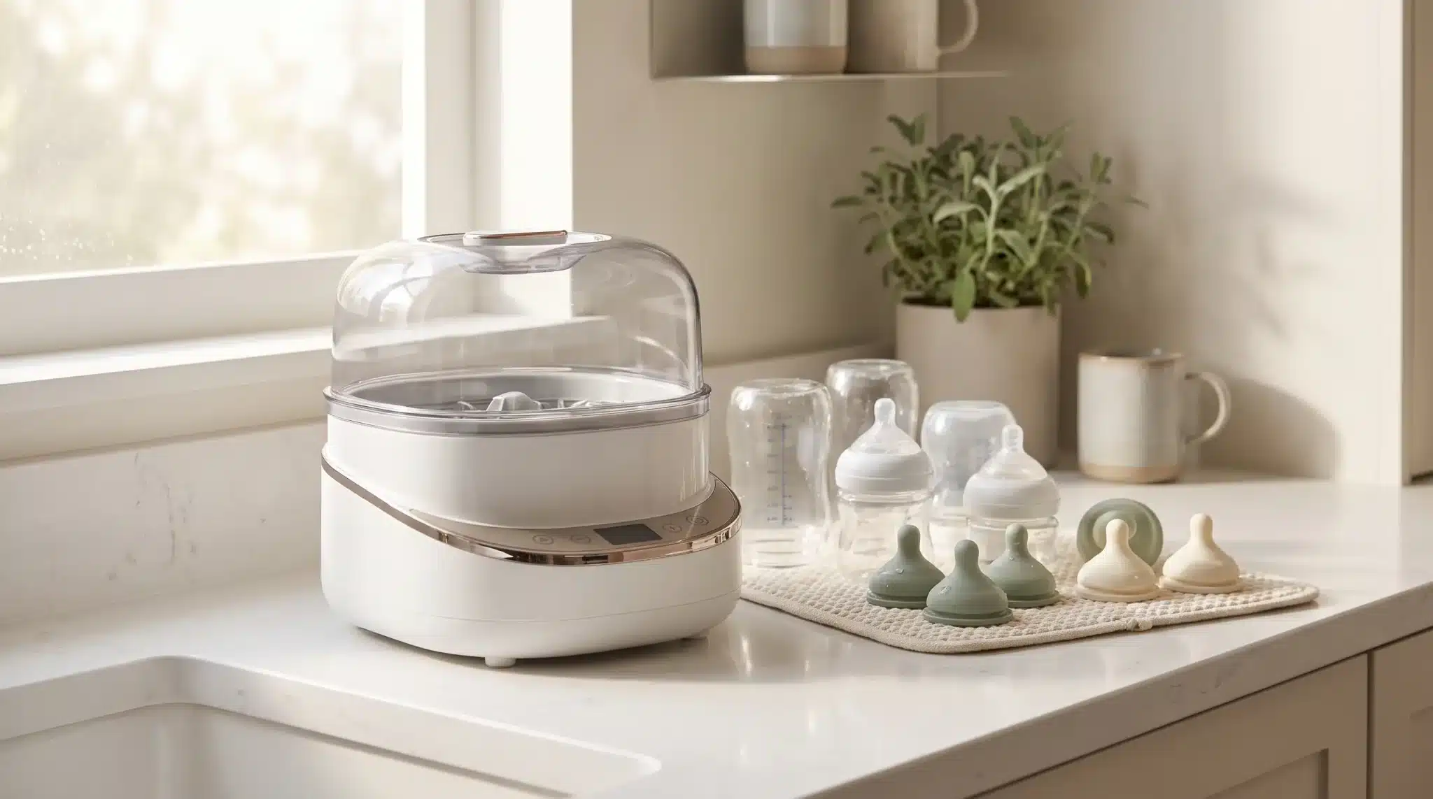Baby bottle sterilizer and accessories on white kitchen counter near window with natural light