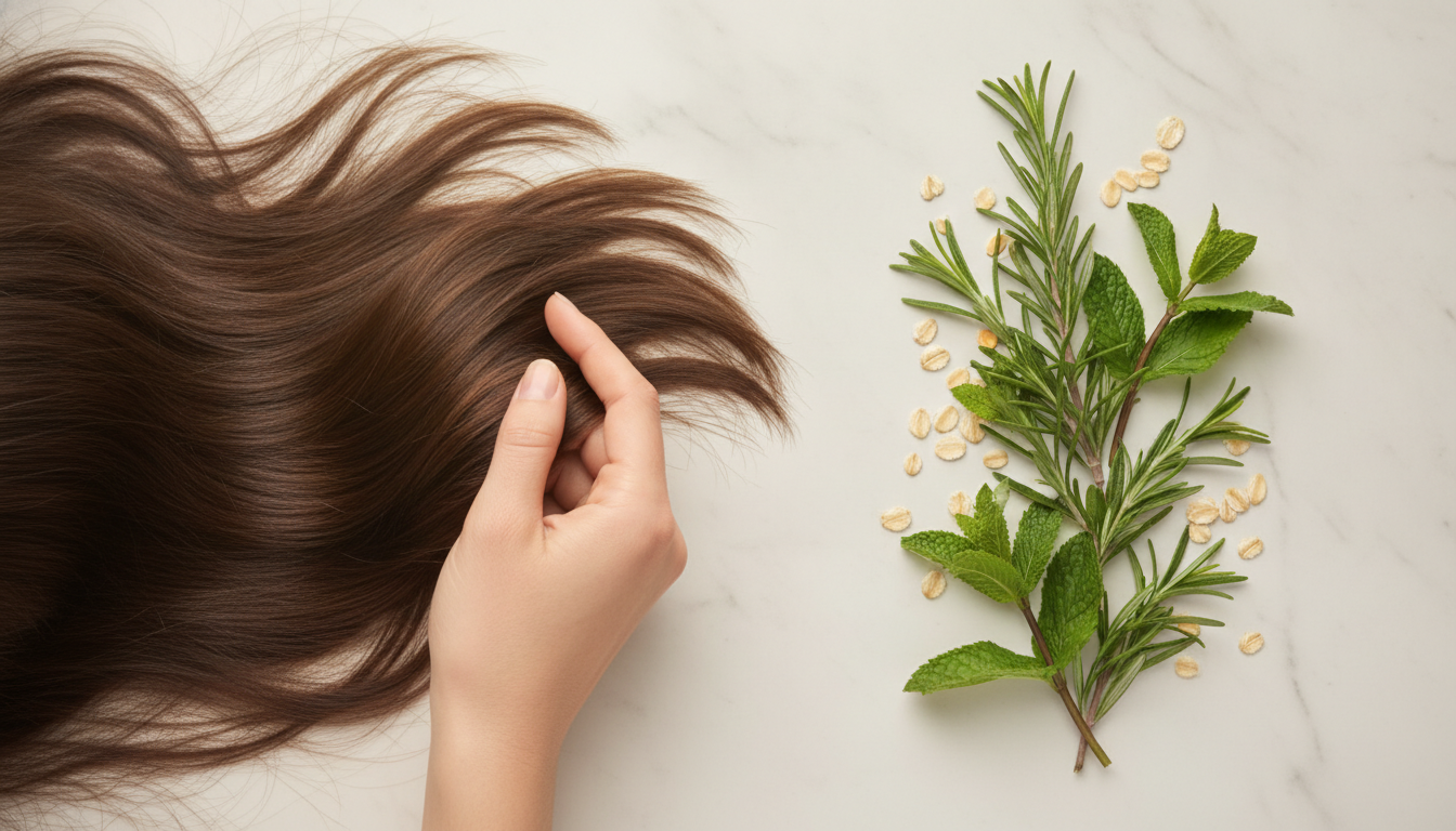 Hand holding long brown hair next to herbs and oats on marble surface