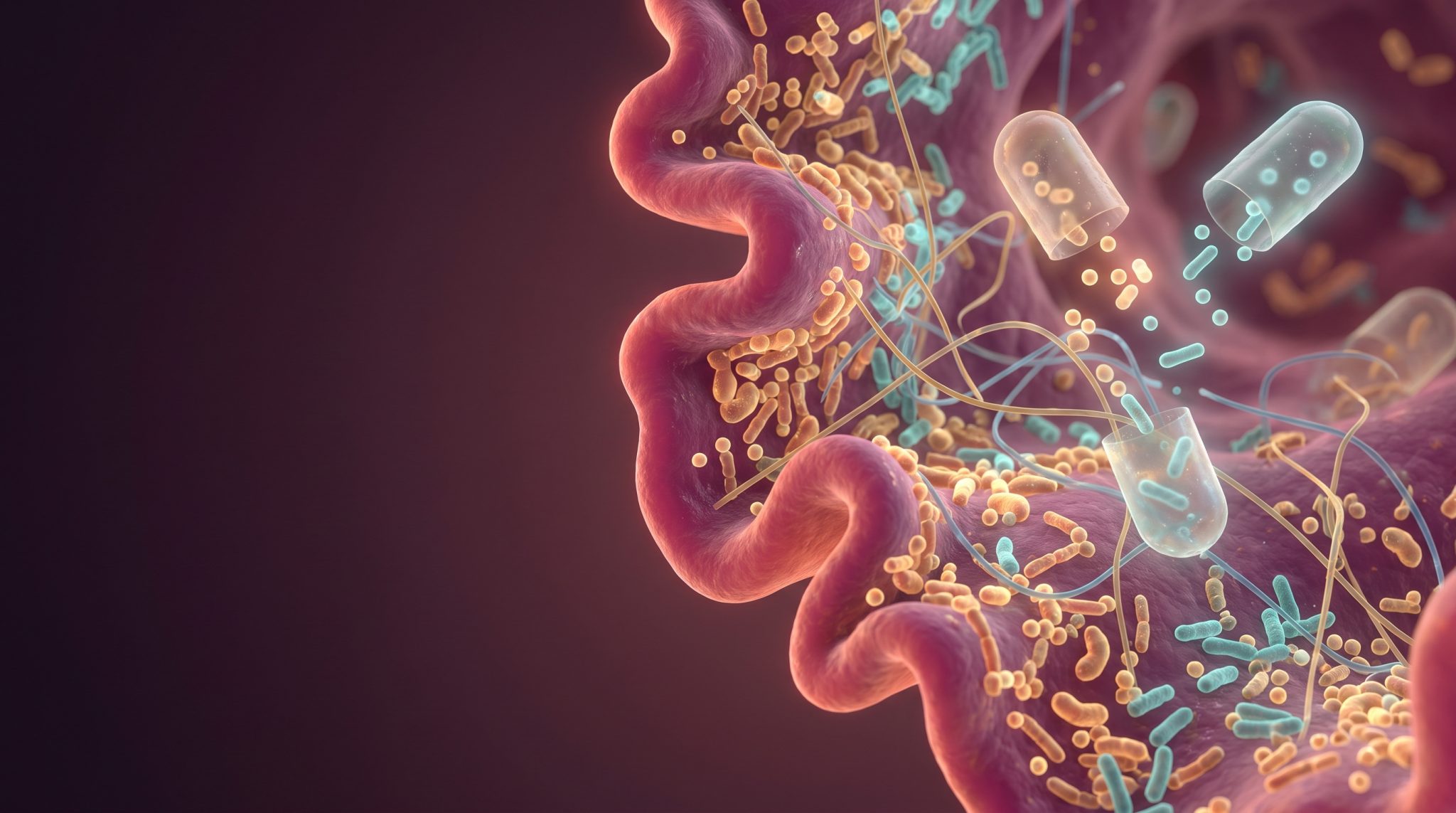 Abstract visualization of gut microbiome with colorful bacteria and capsules in curved environment