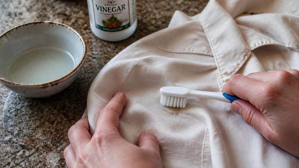 White vinegar and soft brush used to treat nail glue residue on delicate fabric in a home cleaning setup