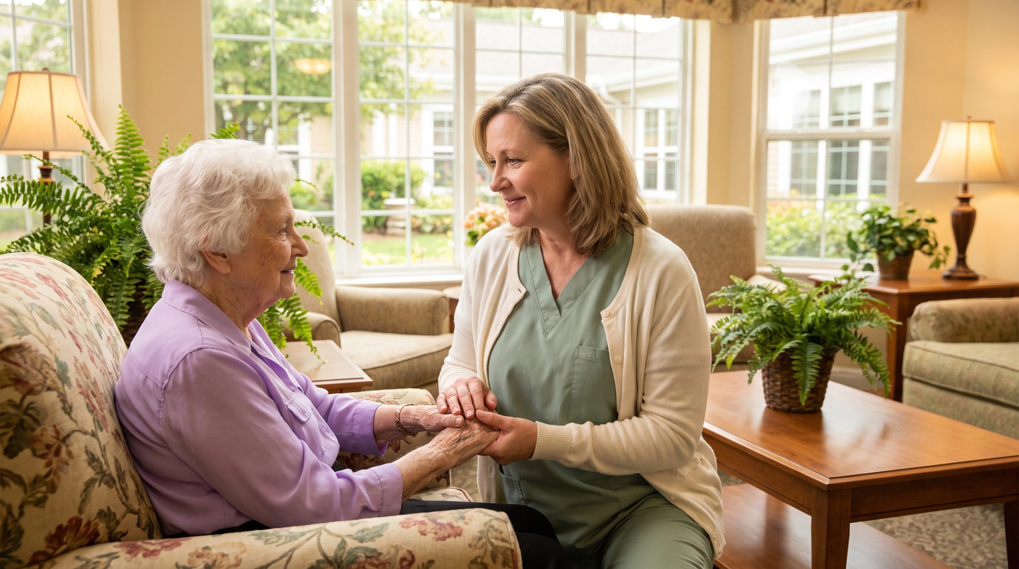 Elderly woman and caregiver holding hands in a bright living room with plants and armchairs