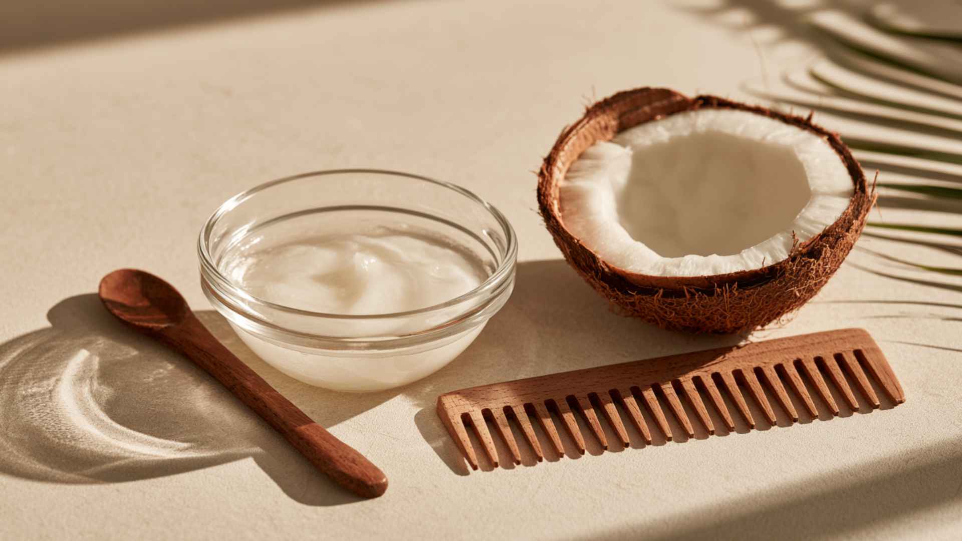 Minimal coconut oil hair mask setup with a glass bowl, coconut halves, wooden comb, and soft neutral background close up
