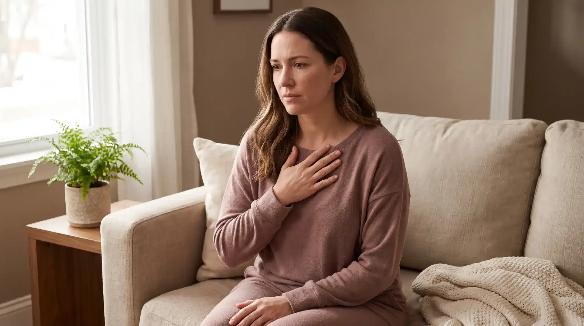 Woman with hand on chest sitting on beige sofa in cozy living room