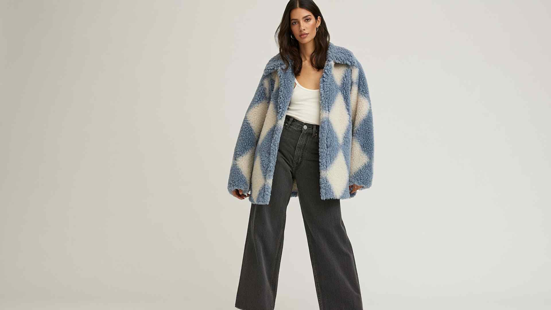 Wide leg jeans styled with a sherpa jacket and white top