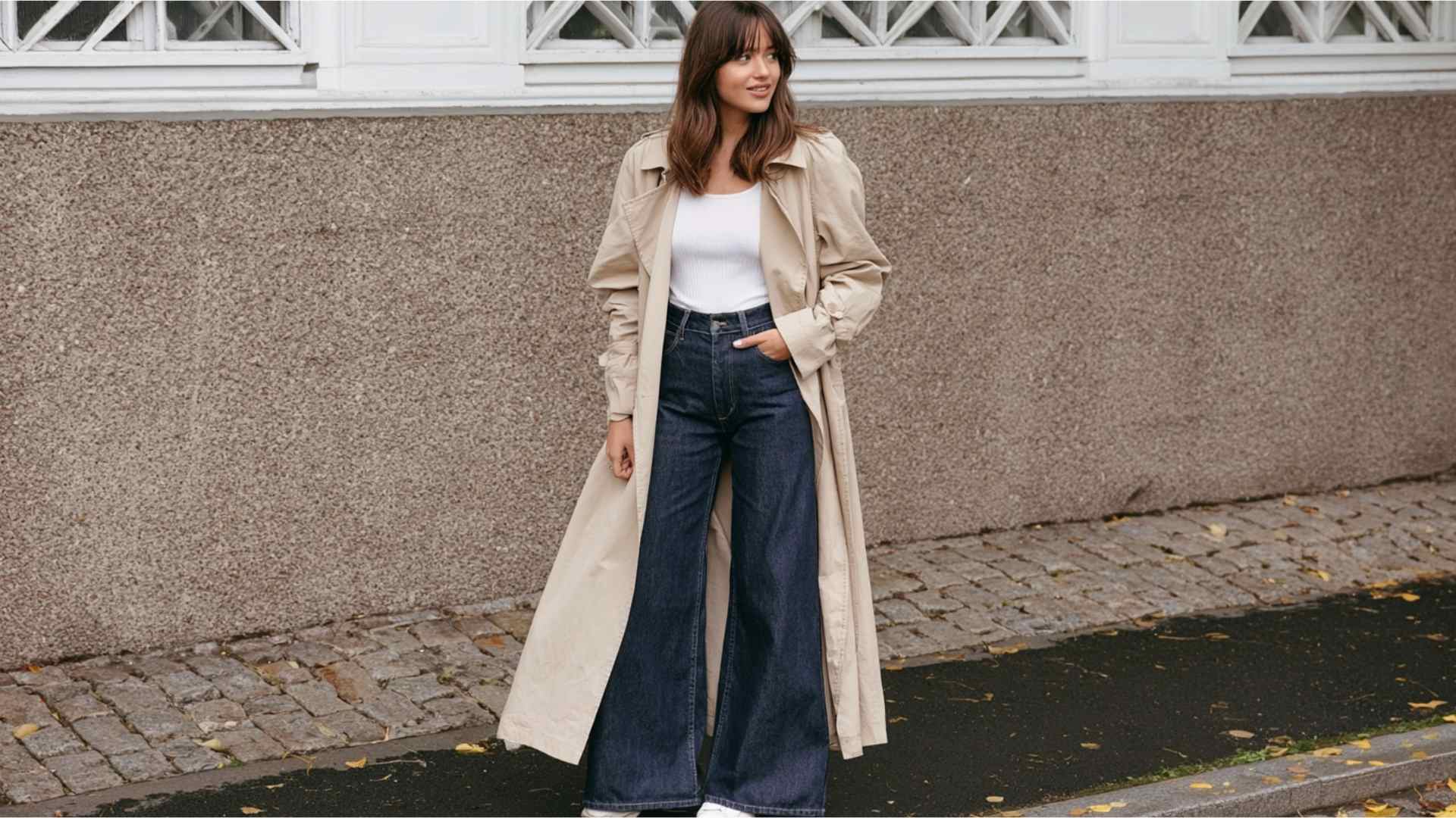 Wide leg jeans with a white sweater and long coat for winter