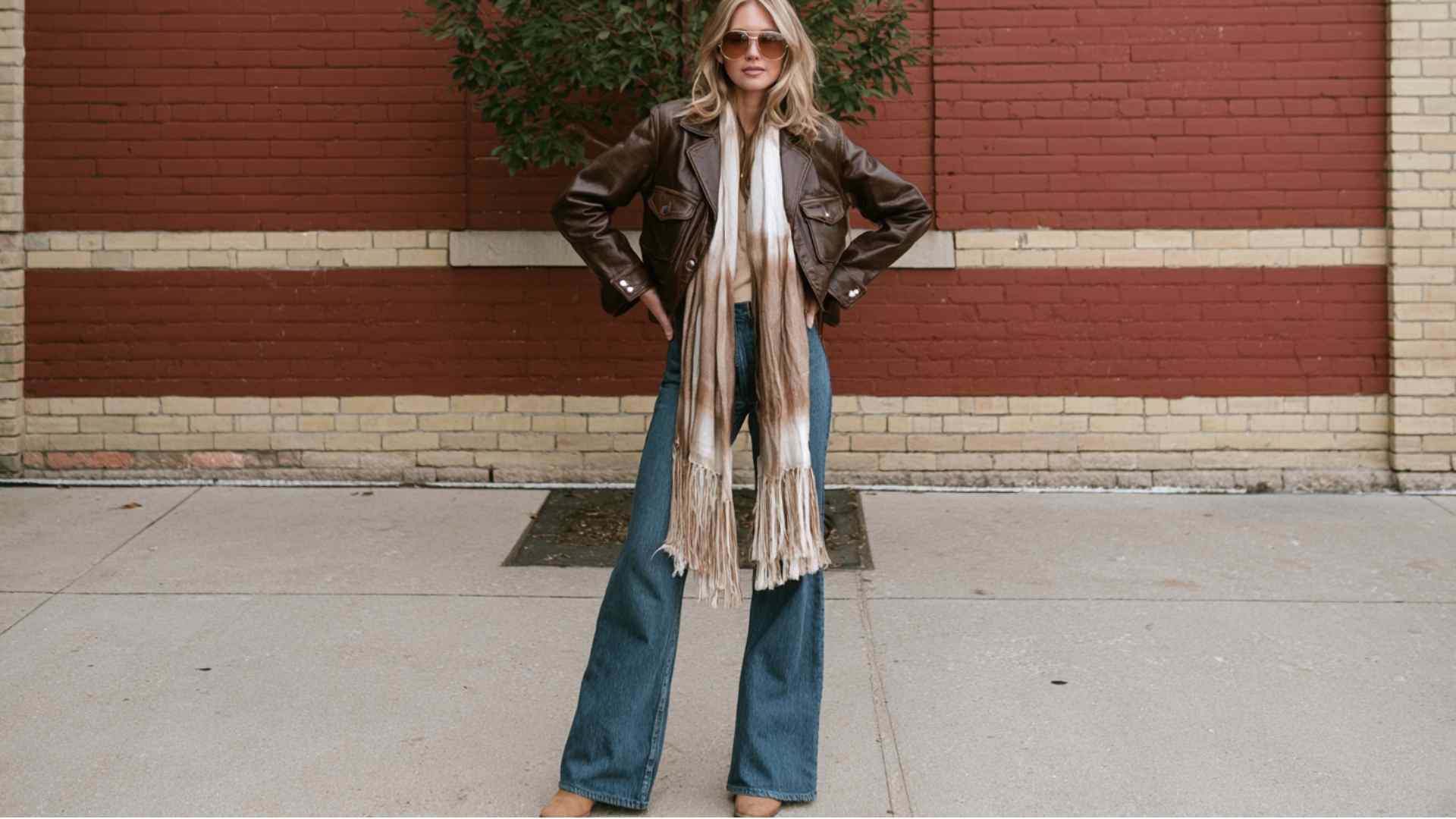 Wide leg jeans with a leather jacket and chunky scarf for winter