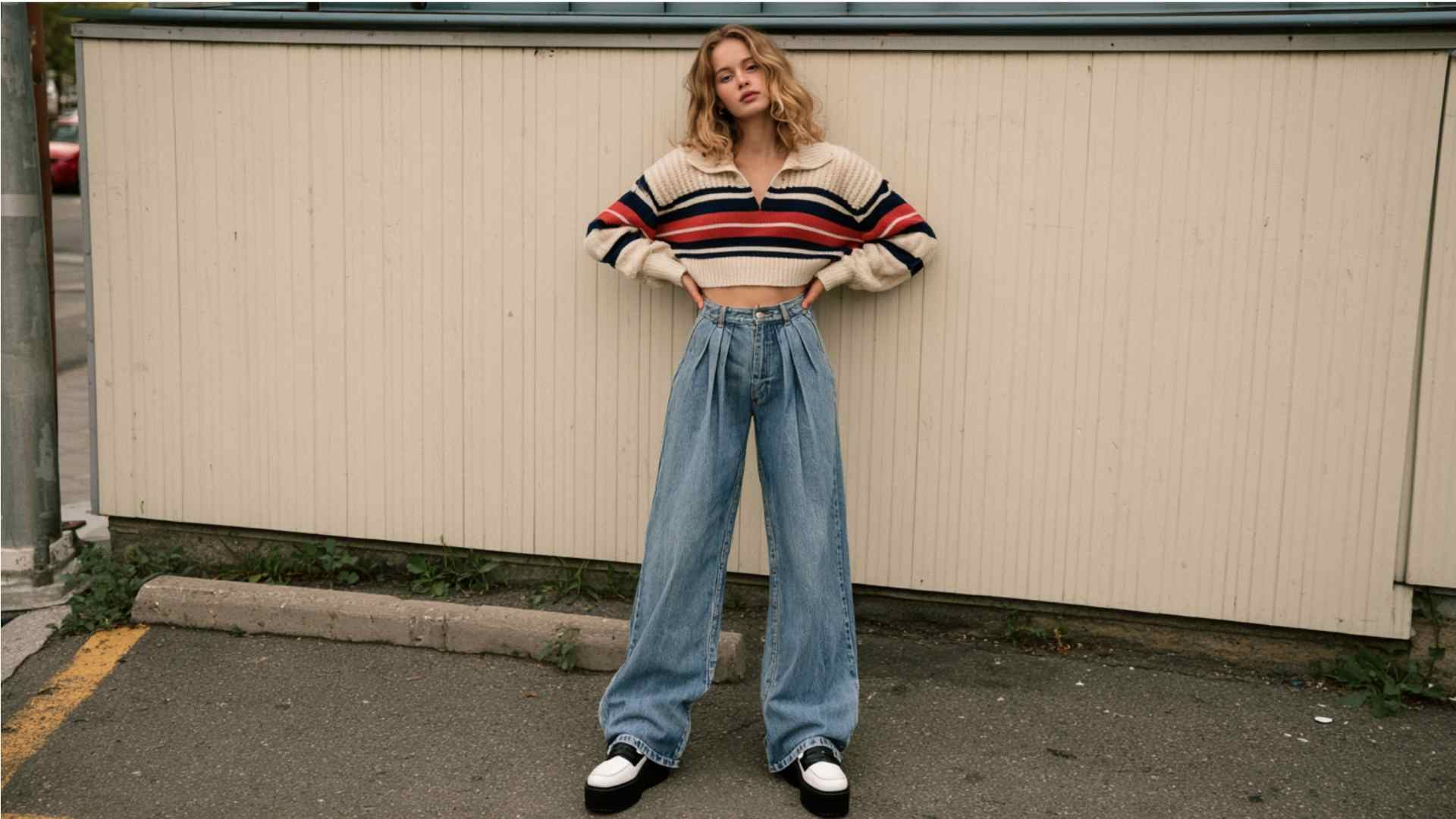 Wide leg jeans with a cropped sweater and sneakers for a relaxed winter look