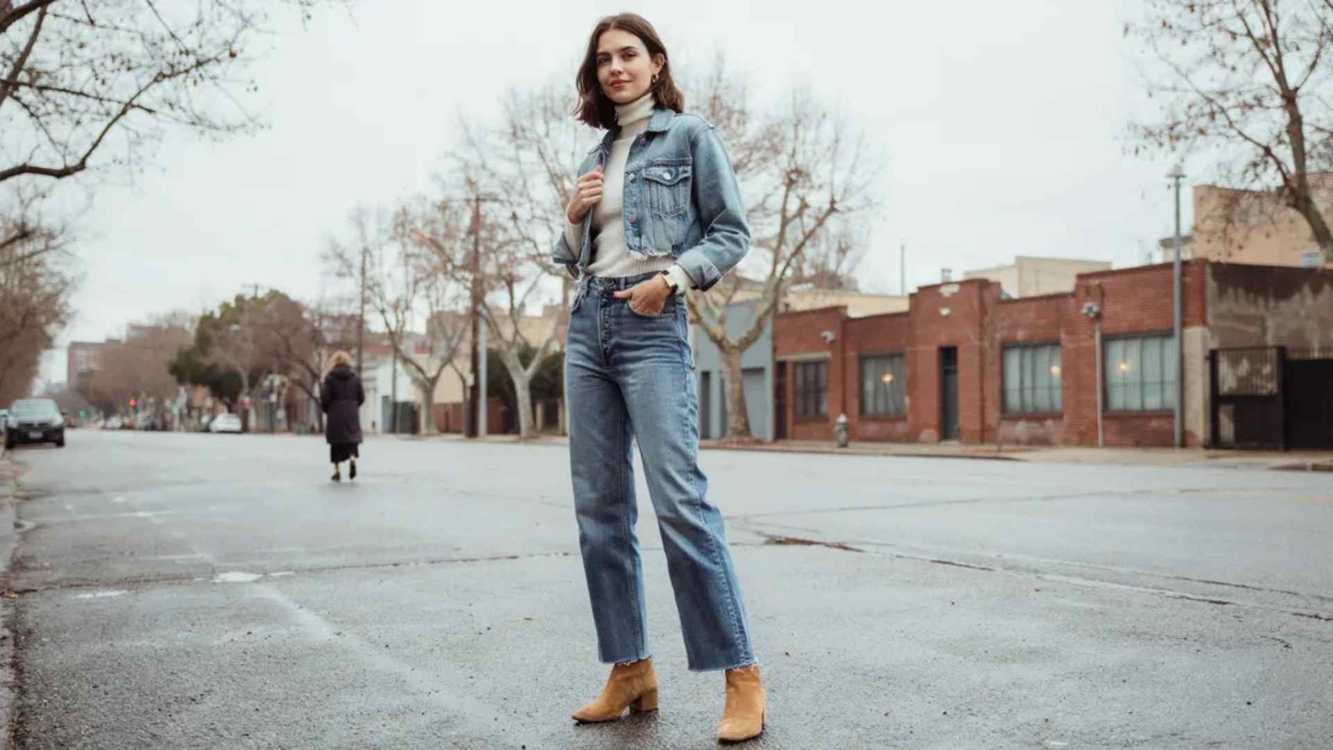 Young woman in wide leg jeans with a cropped denim jacket and turtleneck
