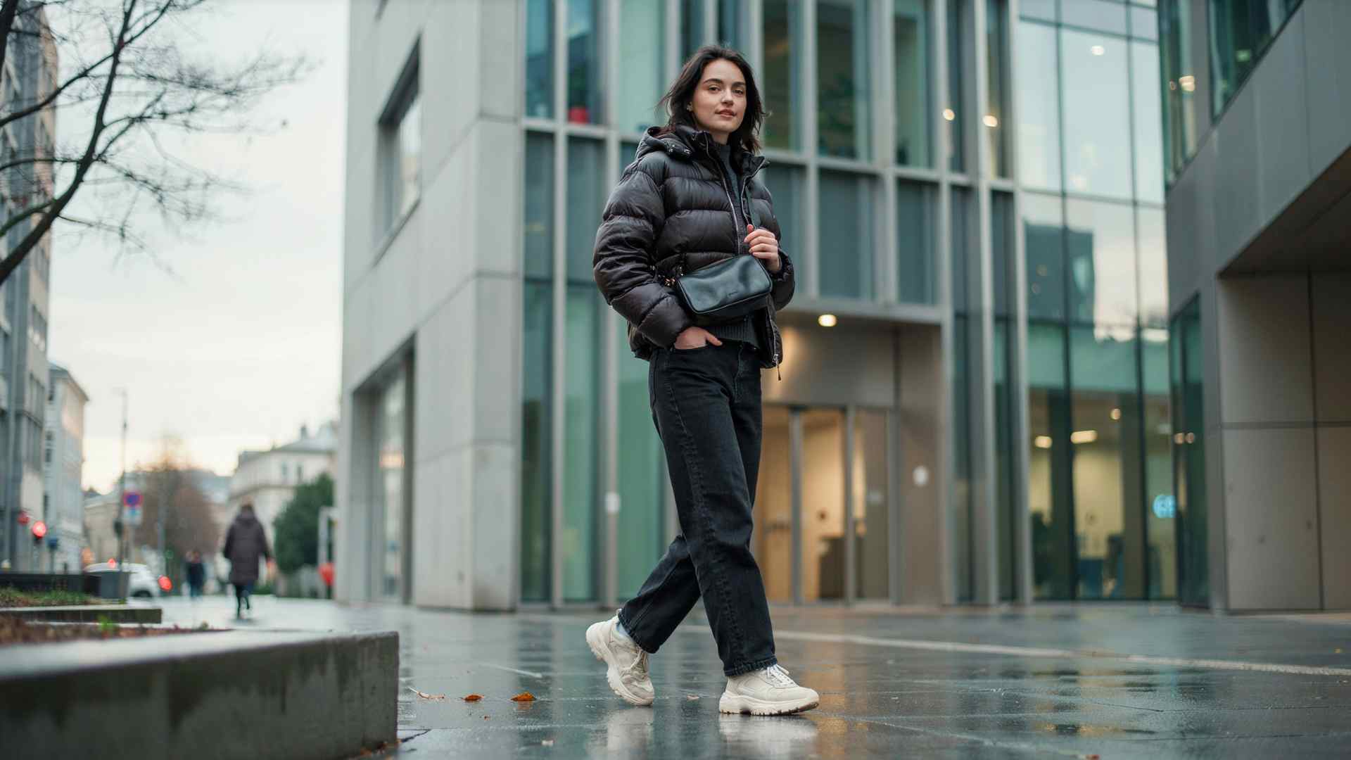 Young woman in wide leg jeans with a cropped puffer jacket and sneakers