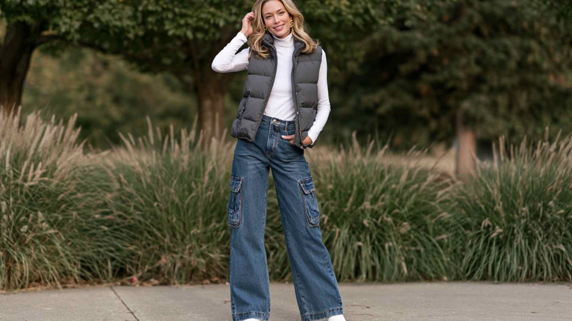 Wide leg jeans with a white sweater and puffer vest for cold weather