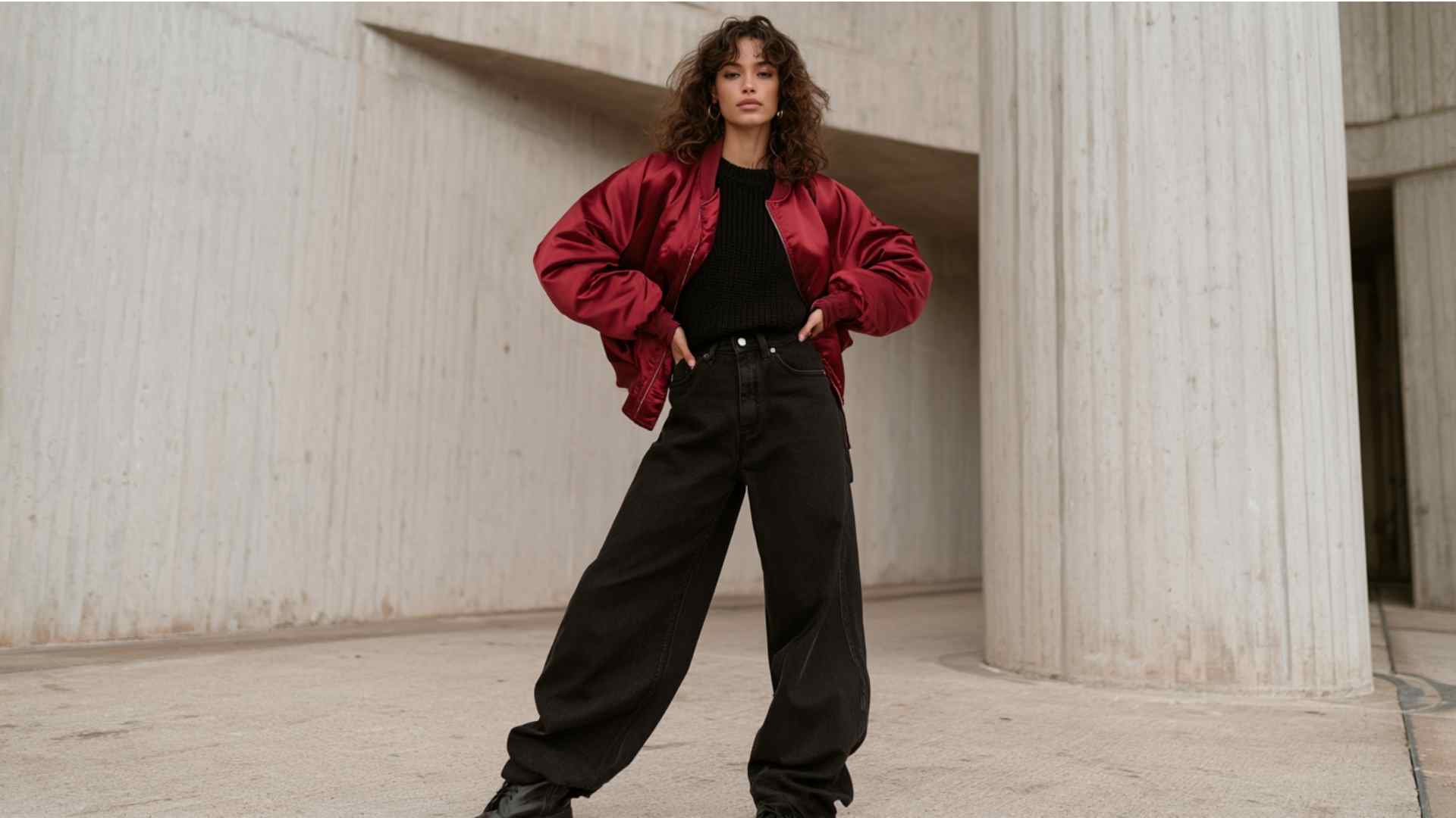 Black wide leg jeans styled with a red bomber jacket for winter